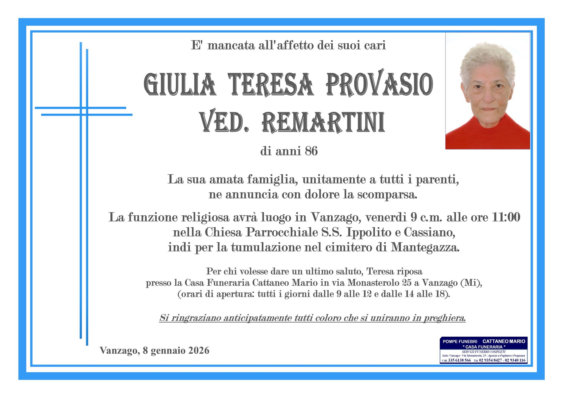 necrologio Giulia Teresa Provasio