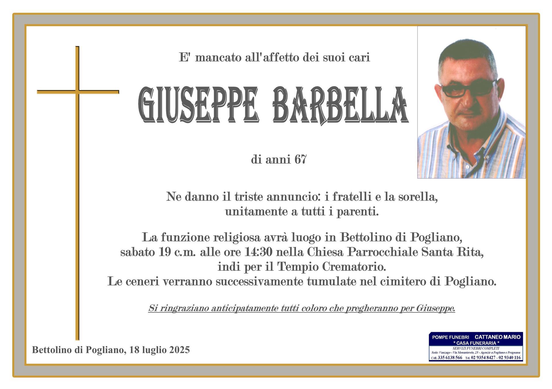 necrologio Giuseppe Barbella