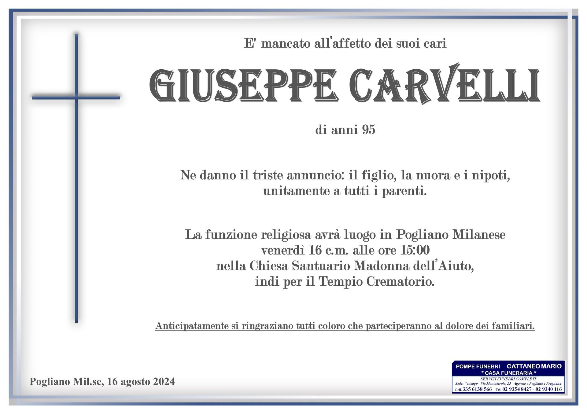 necrologio Giuseppe Carvelli