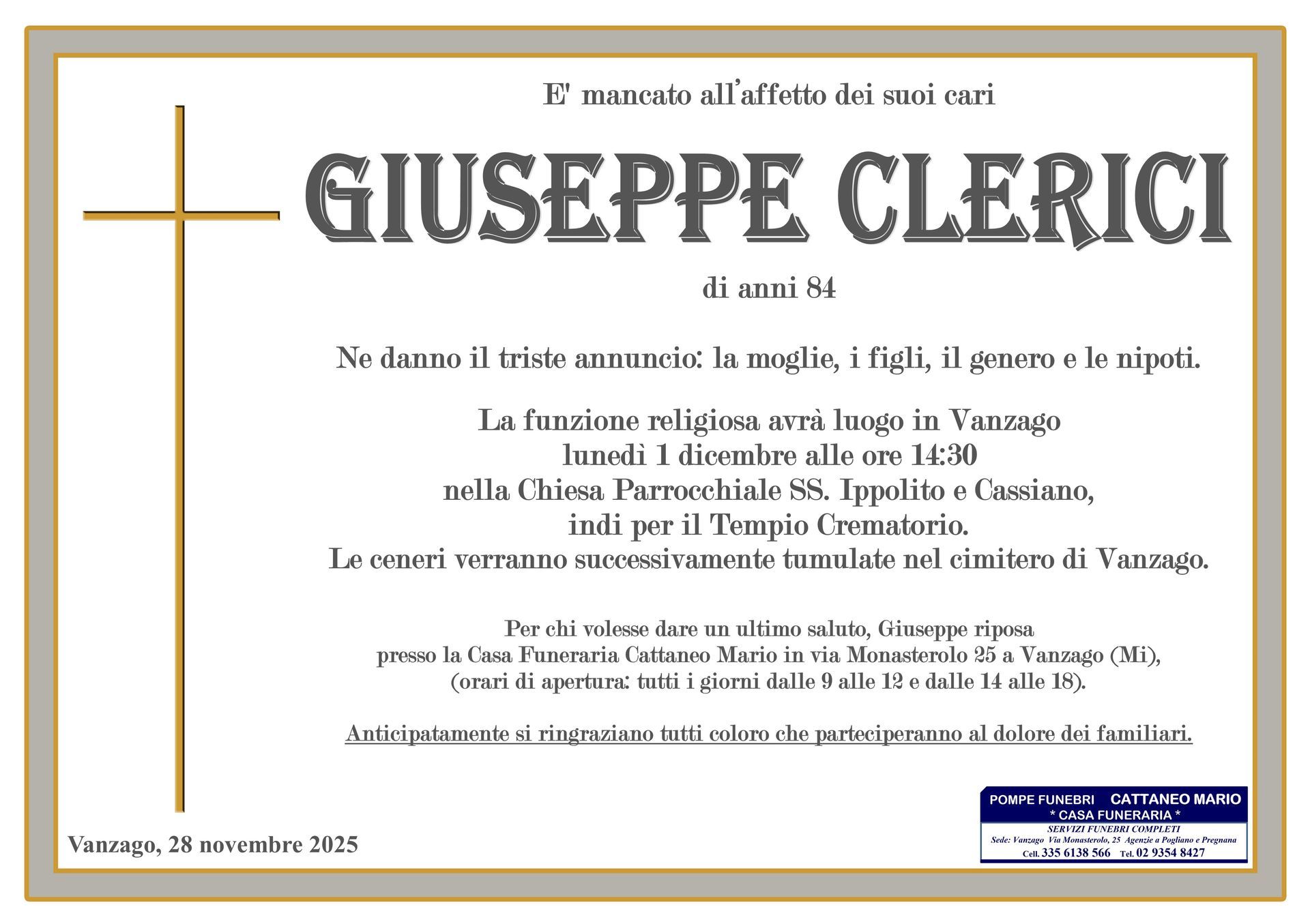 necrologio Giuseppe Clerici