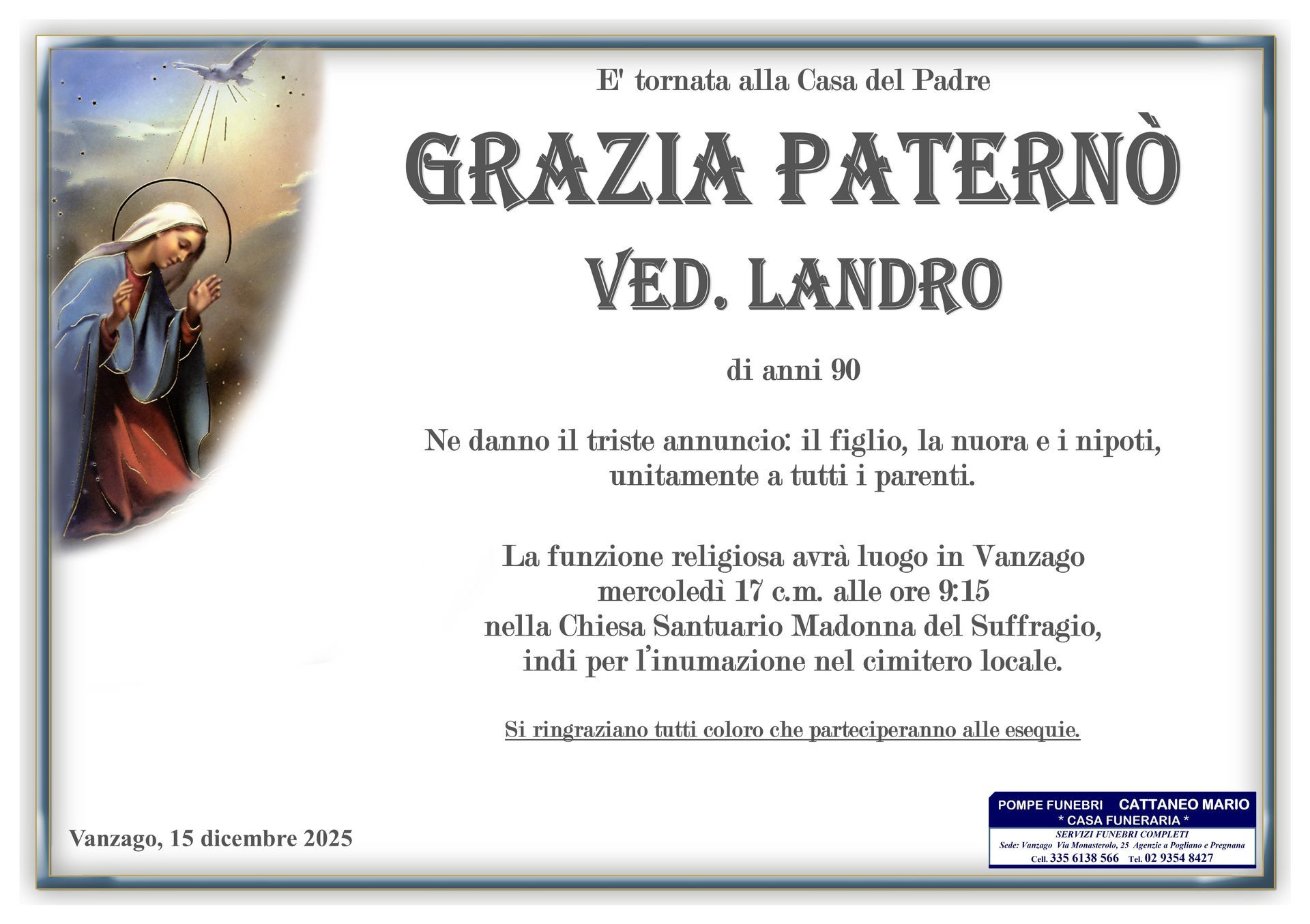 necrologio Grazia Paternò