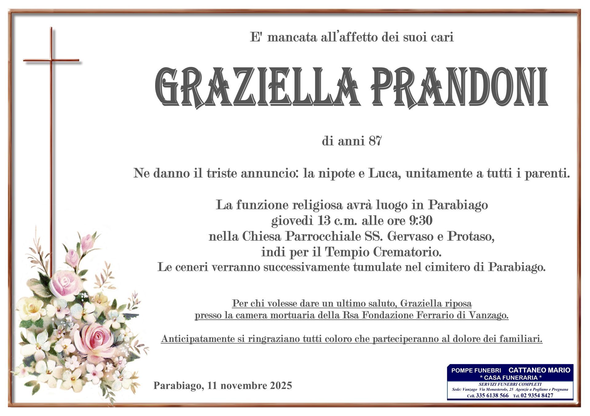 necrologio Graziella Pradoni