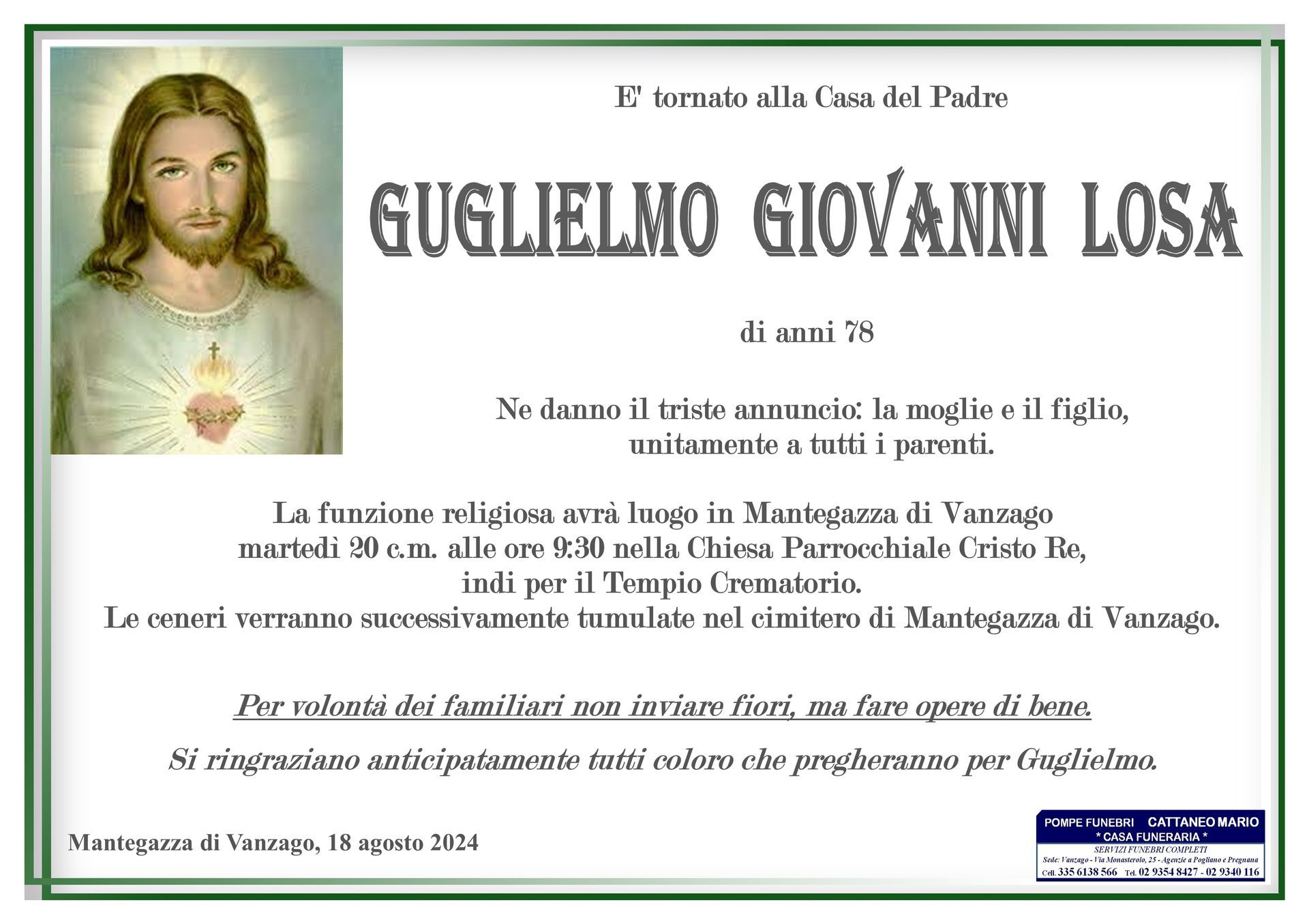 necrologio Guglielmo Giovanni Losa