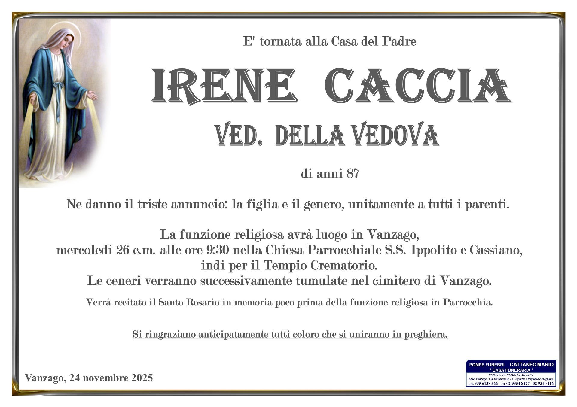 necrologio Irene Caccia