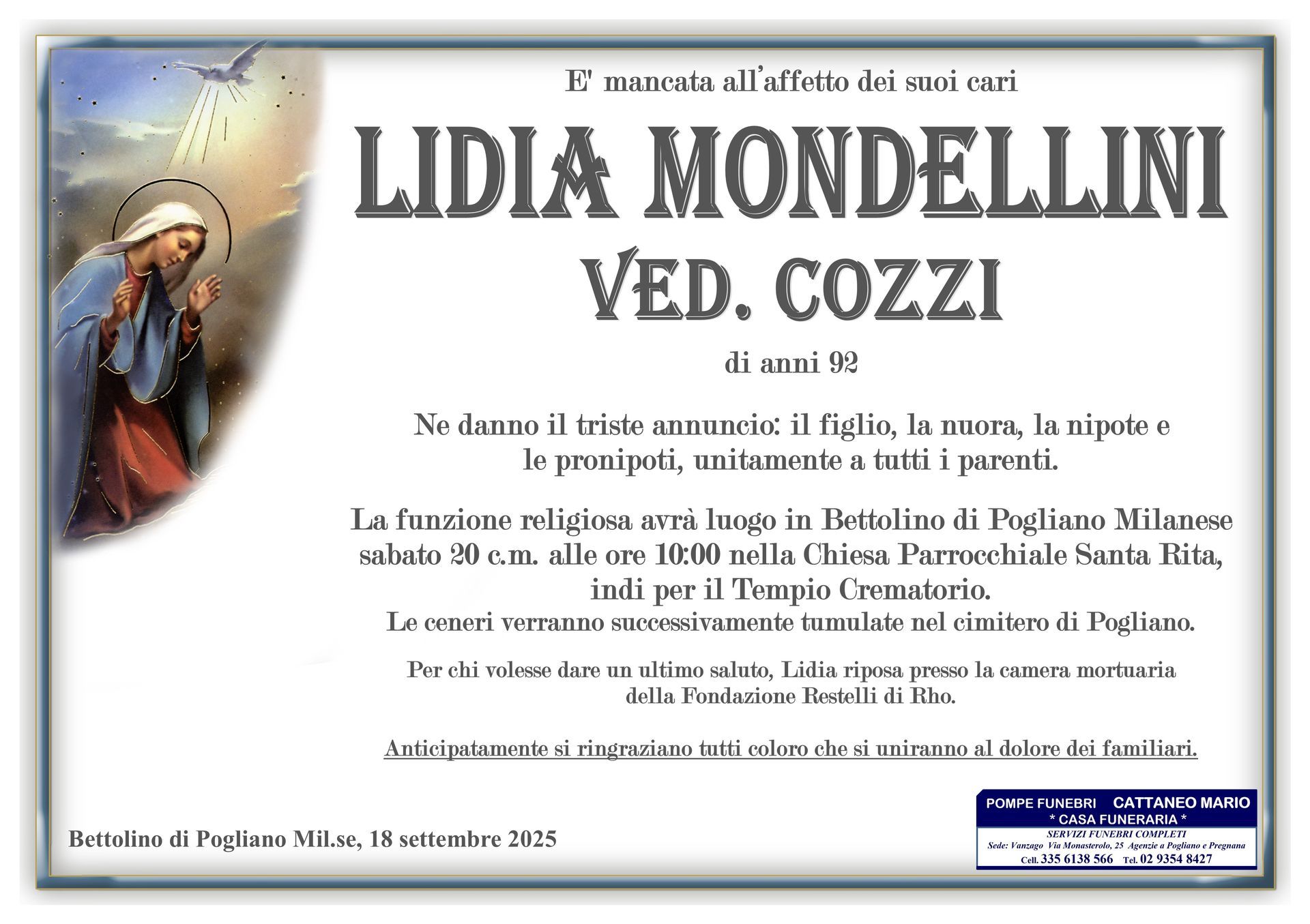 necrologio Lidia Mondellini