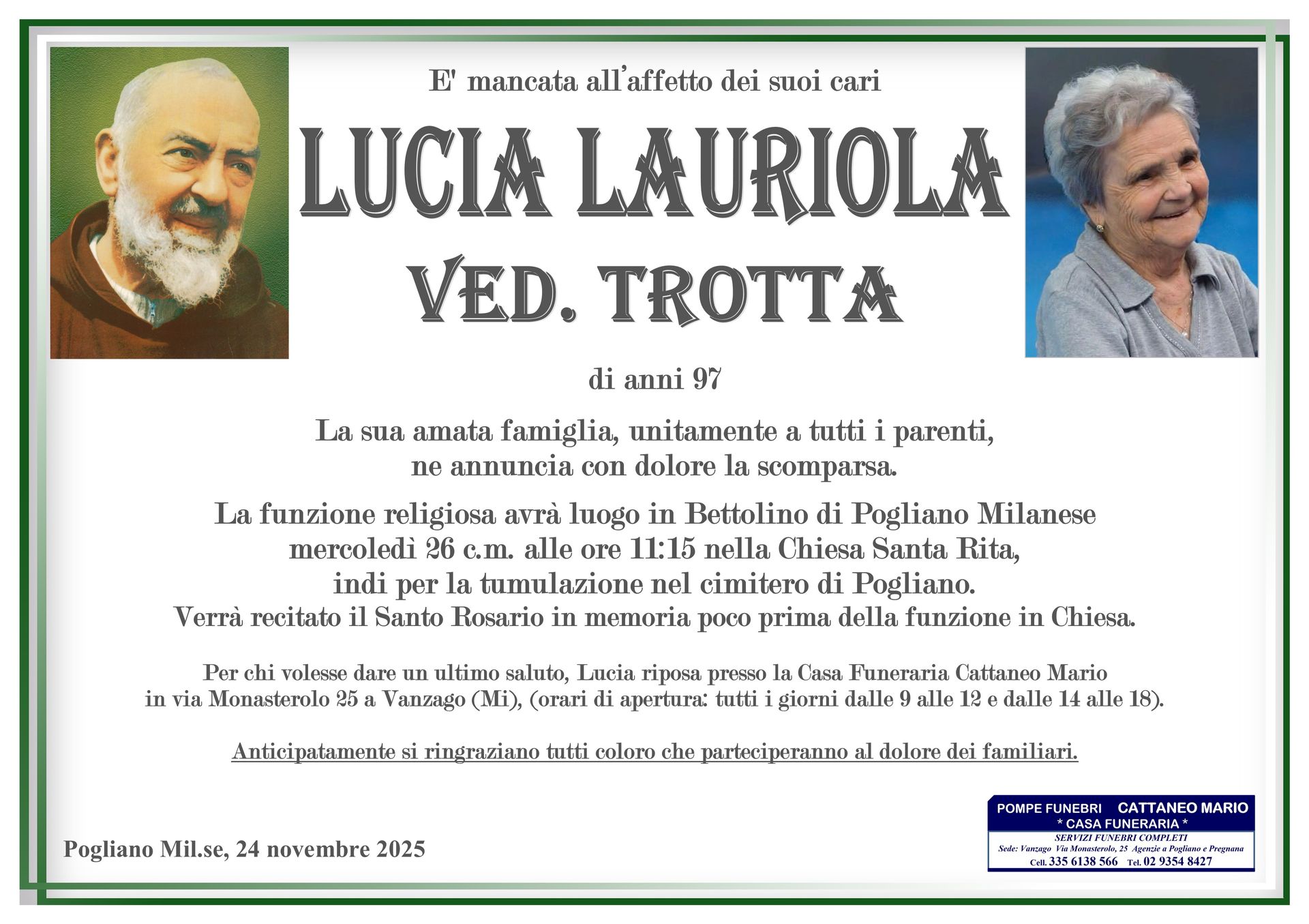 necrologio Lucia Lauriola