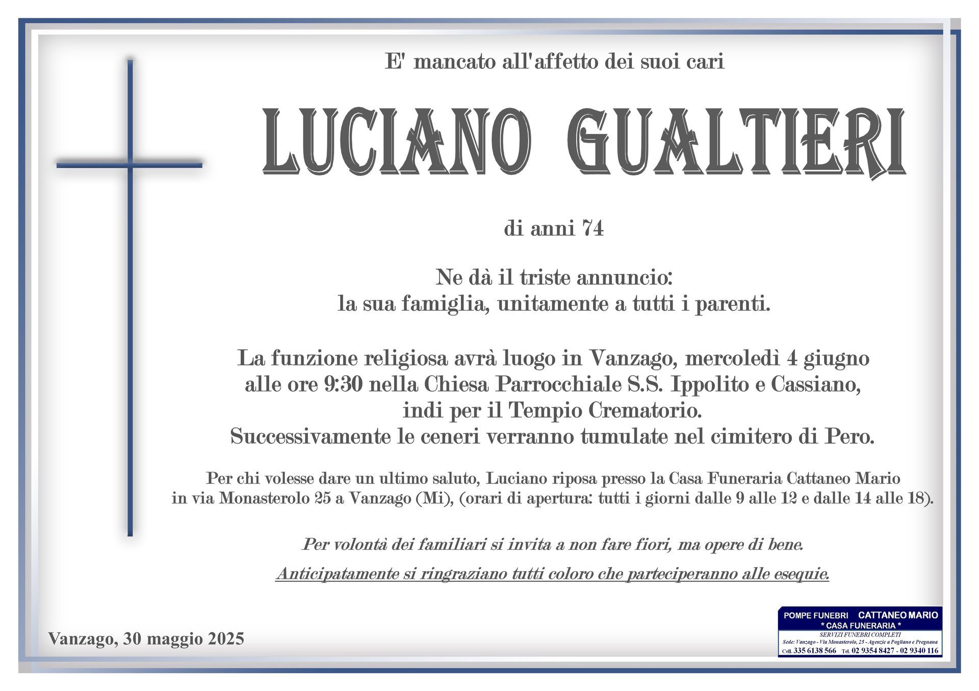necrologio Luciano Gualtieri