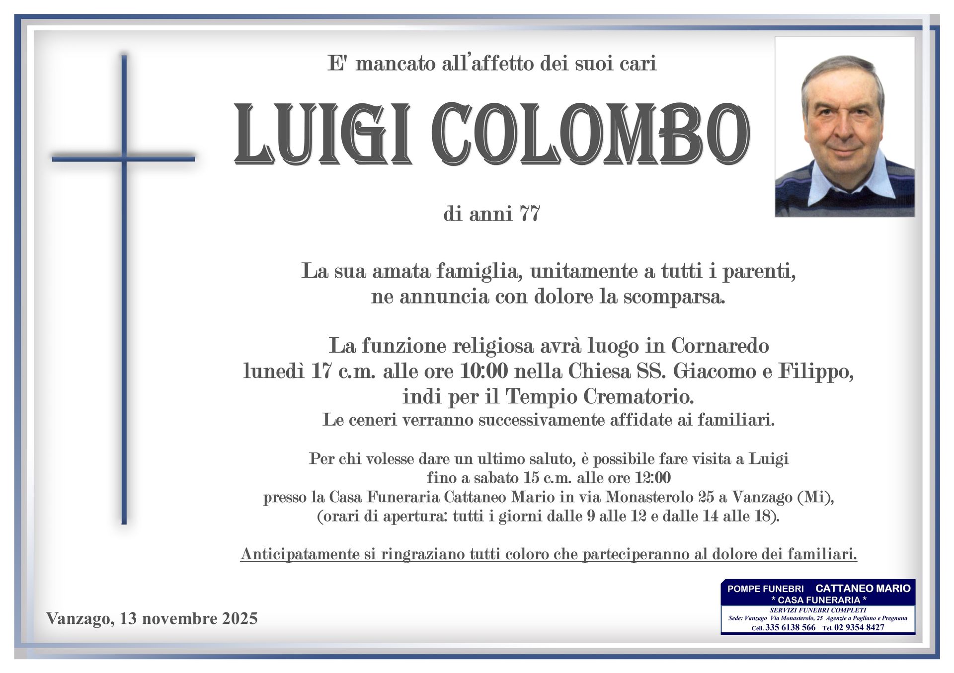 necrologio Luigi Colombo