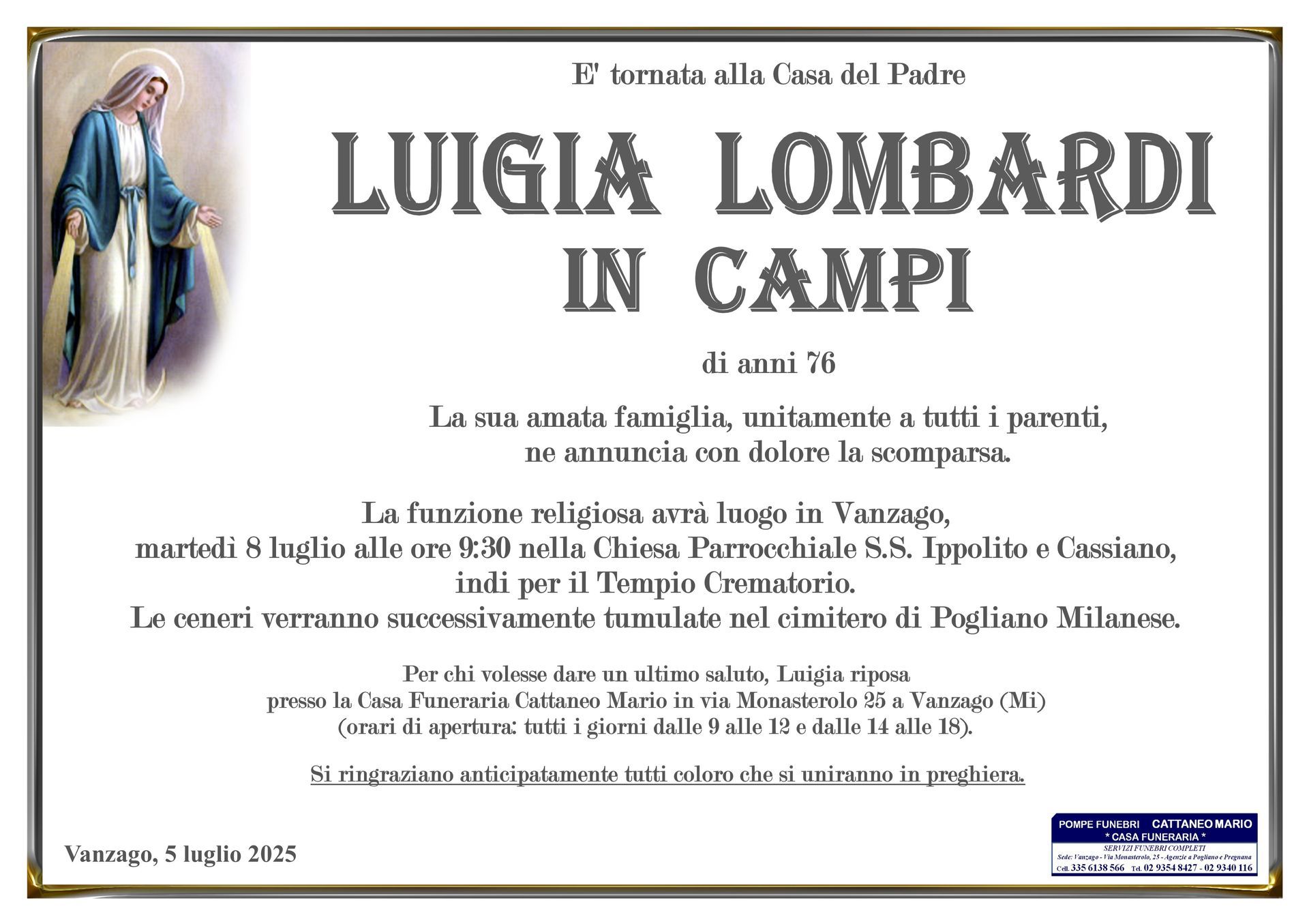 necrologio Luigia Lombardi