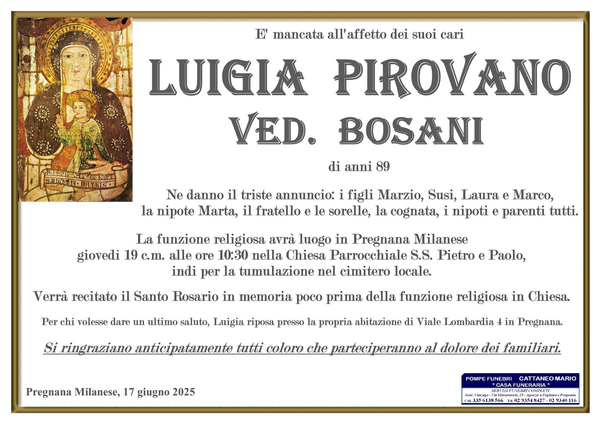 necrologio Luigia Pirovano