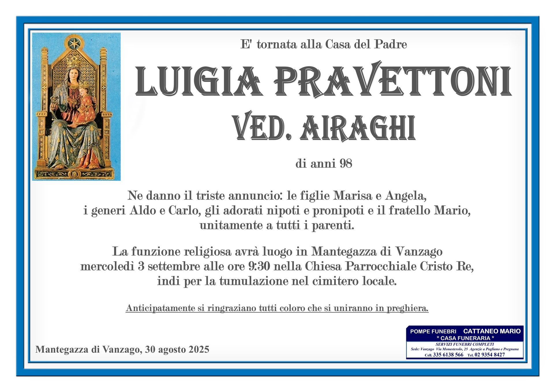 necrologio Luigia Pravettoni