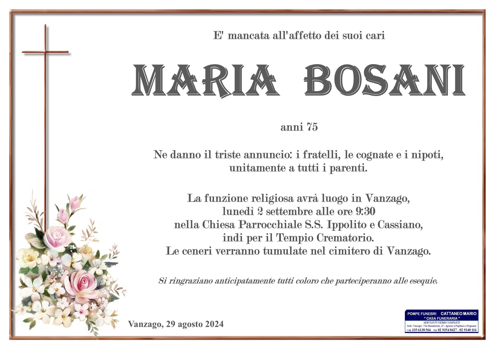 necrologio Maria Bosani