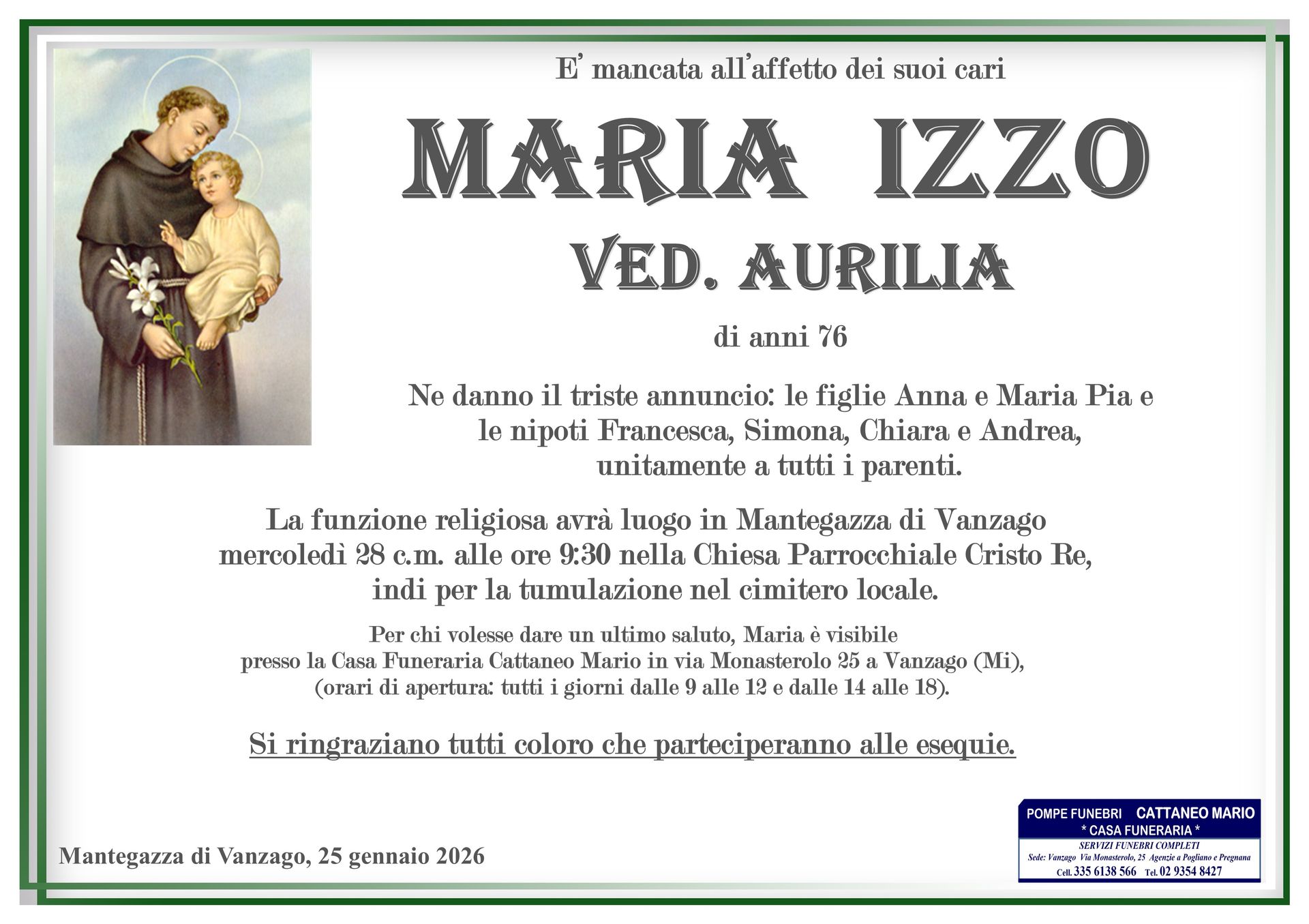 necrologio Maria Izzo
