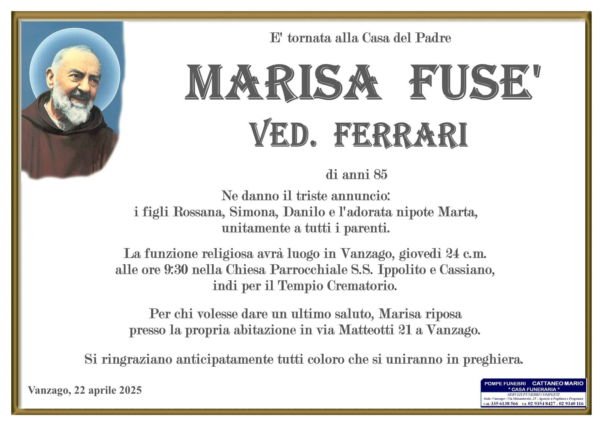 necrologio Marisa Fusè
