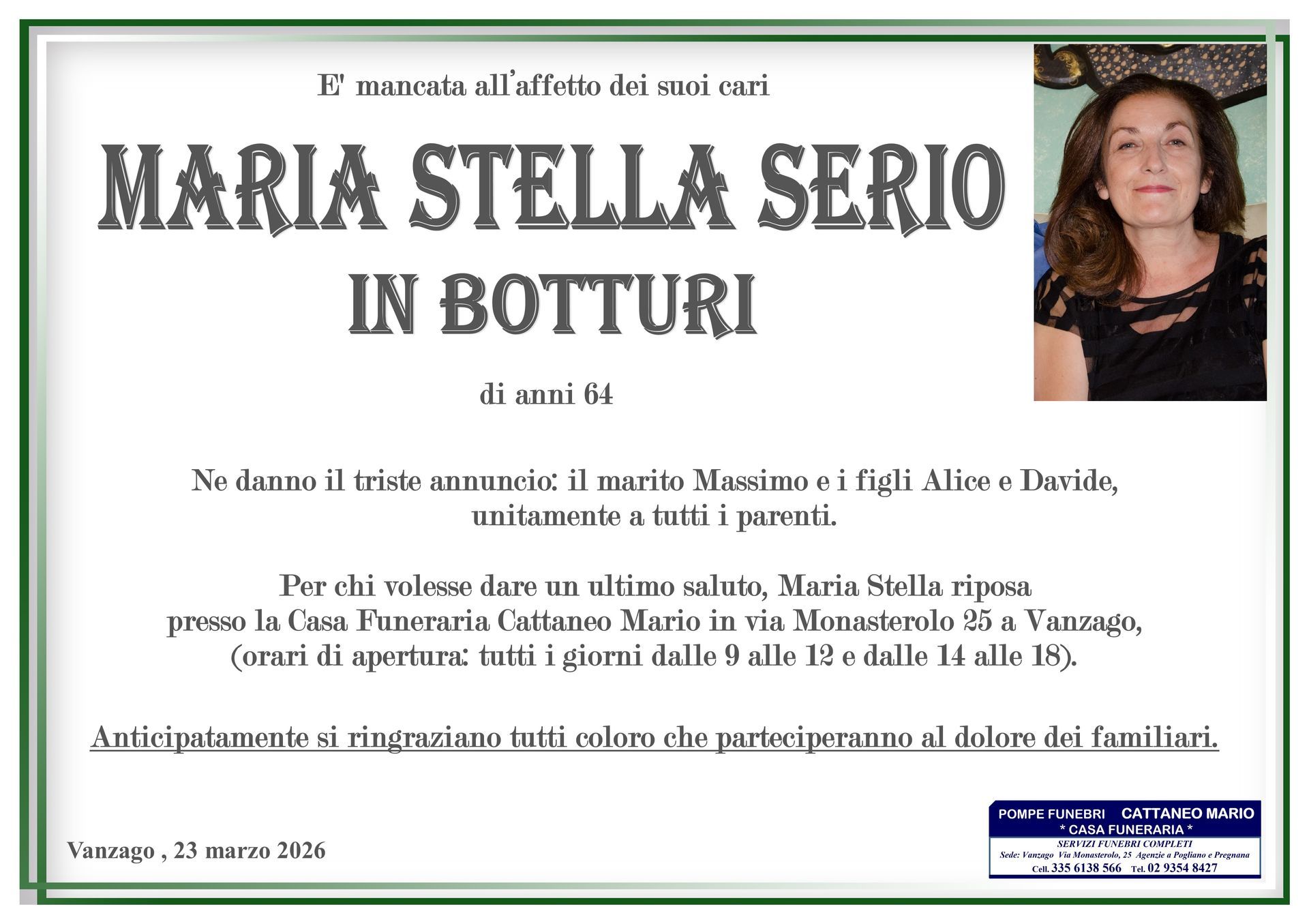 necrologio Maria Stella Serio
