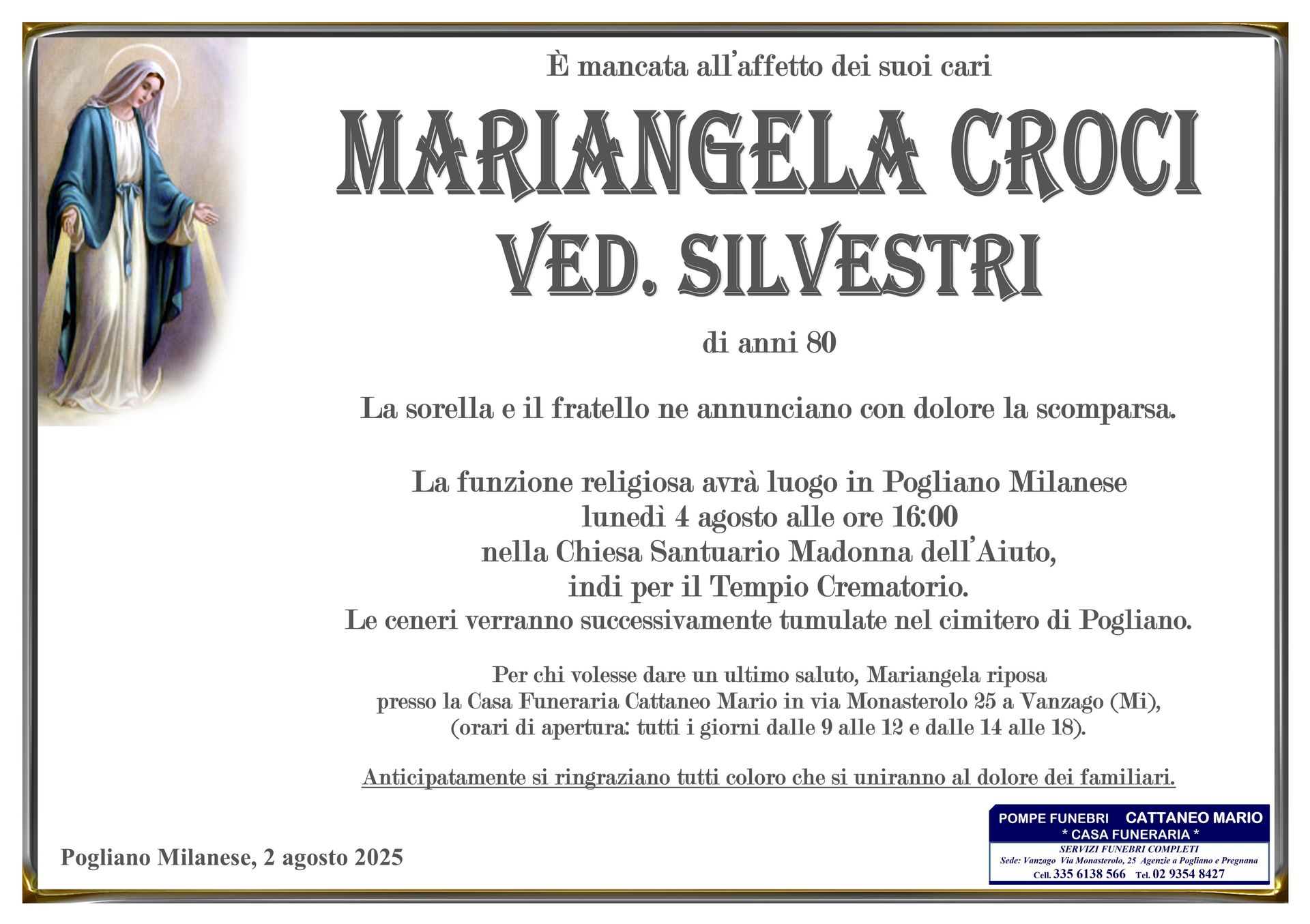 necrologio Mariangela Croci