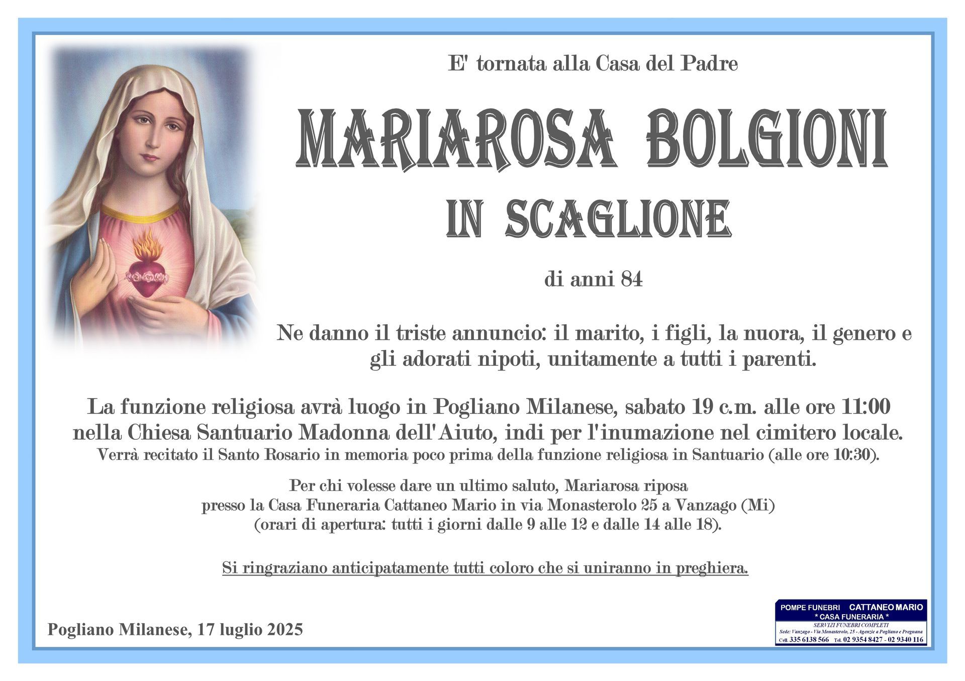 necrologio Mariarosa Bolgioni