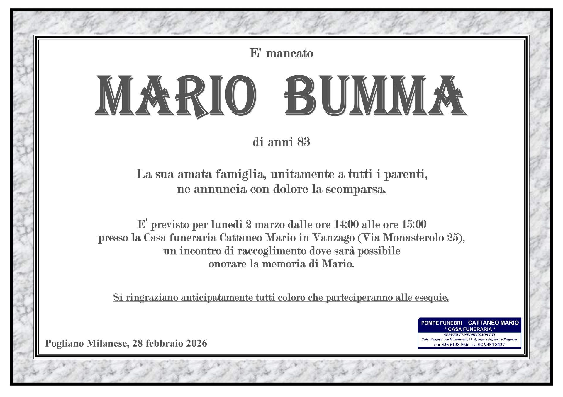 necrologio Mario Bumma