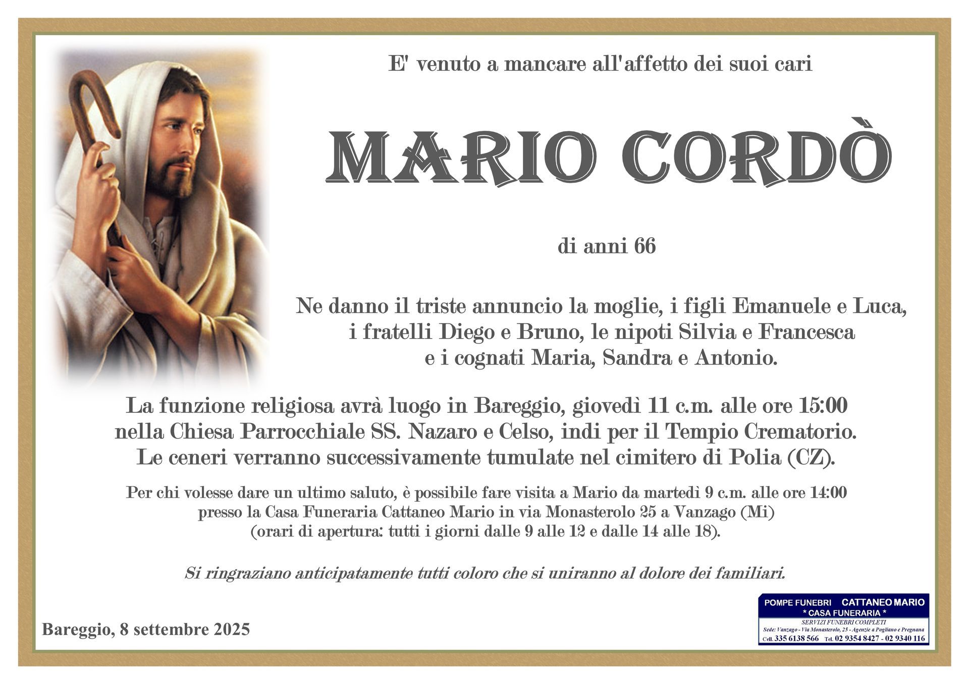 necrologio Mario Cordò