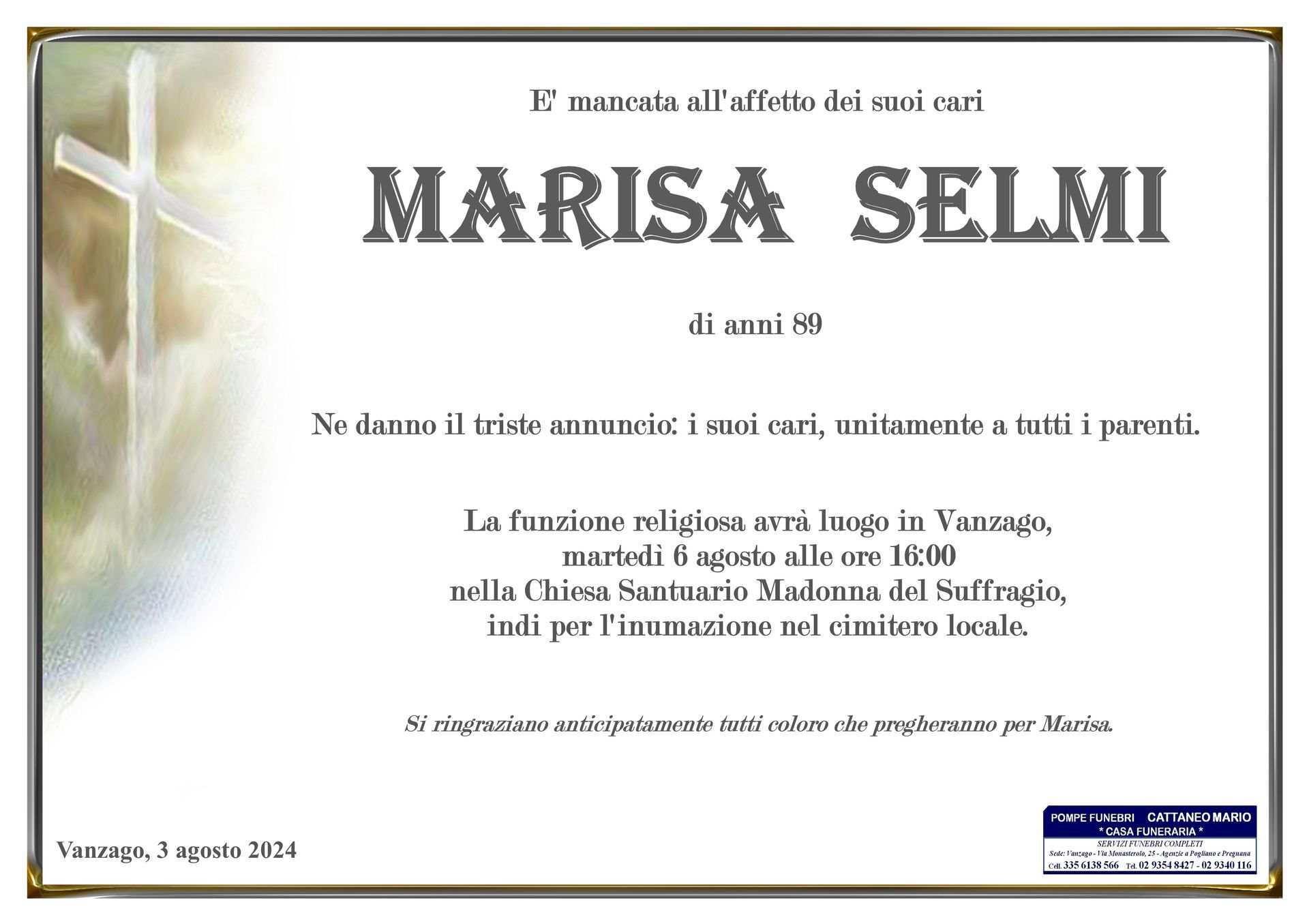 necrologio Marisa Selmi