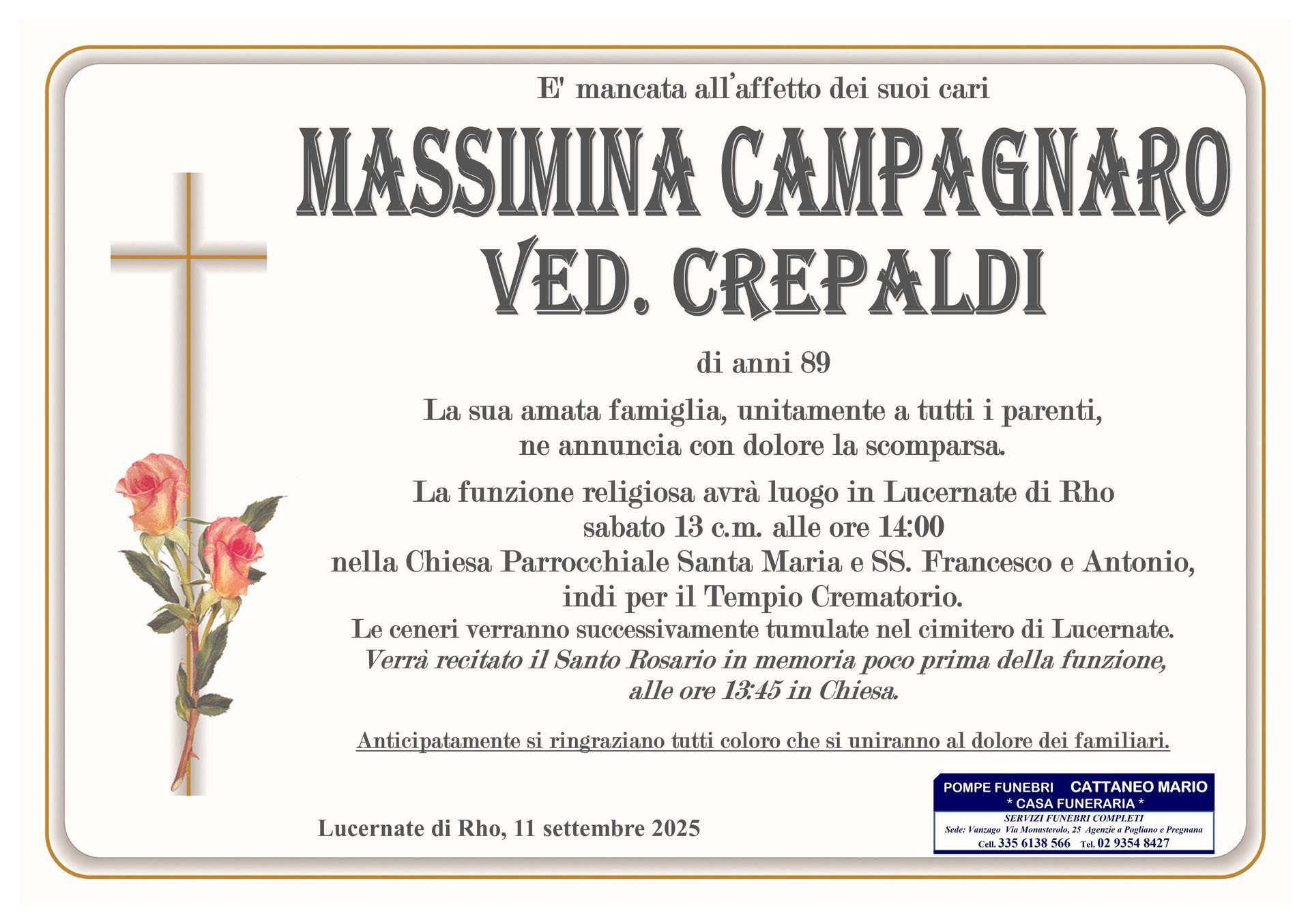 necrologio Massimina Campagnaro