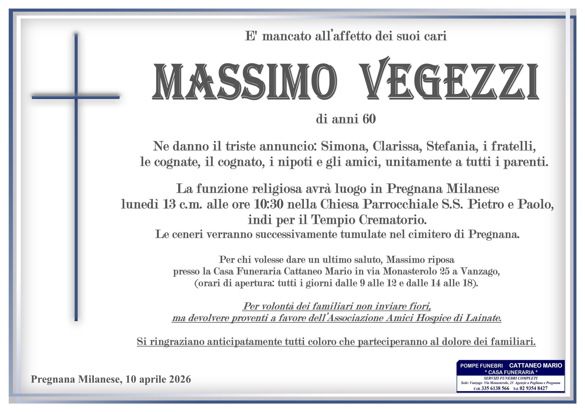 necrologio Massimo Vegezzi