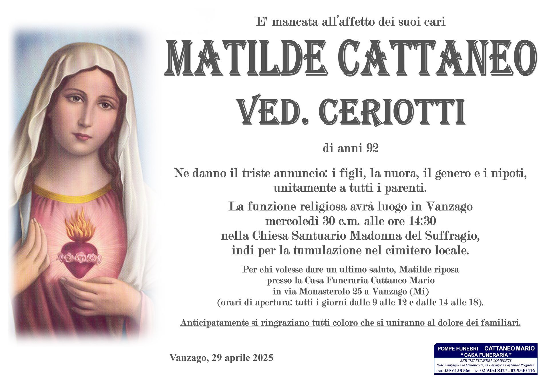 necrologio Matilde Cattaneo
