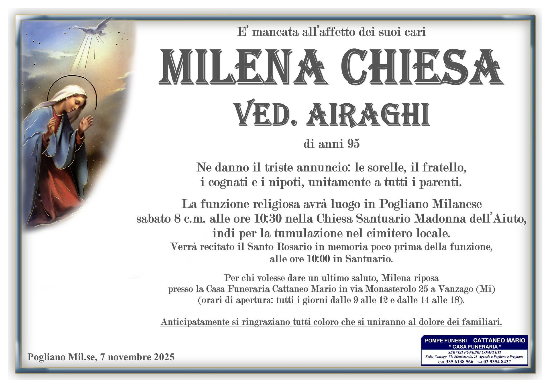 necrologio Milena Chiesa