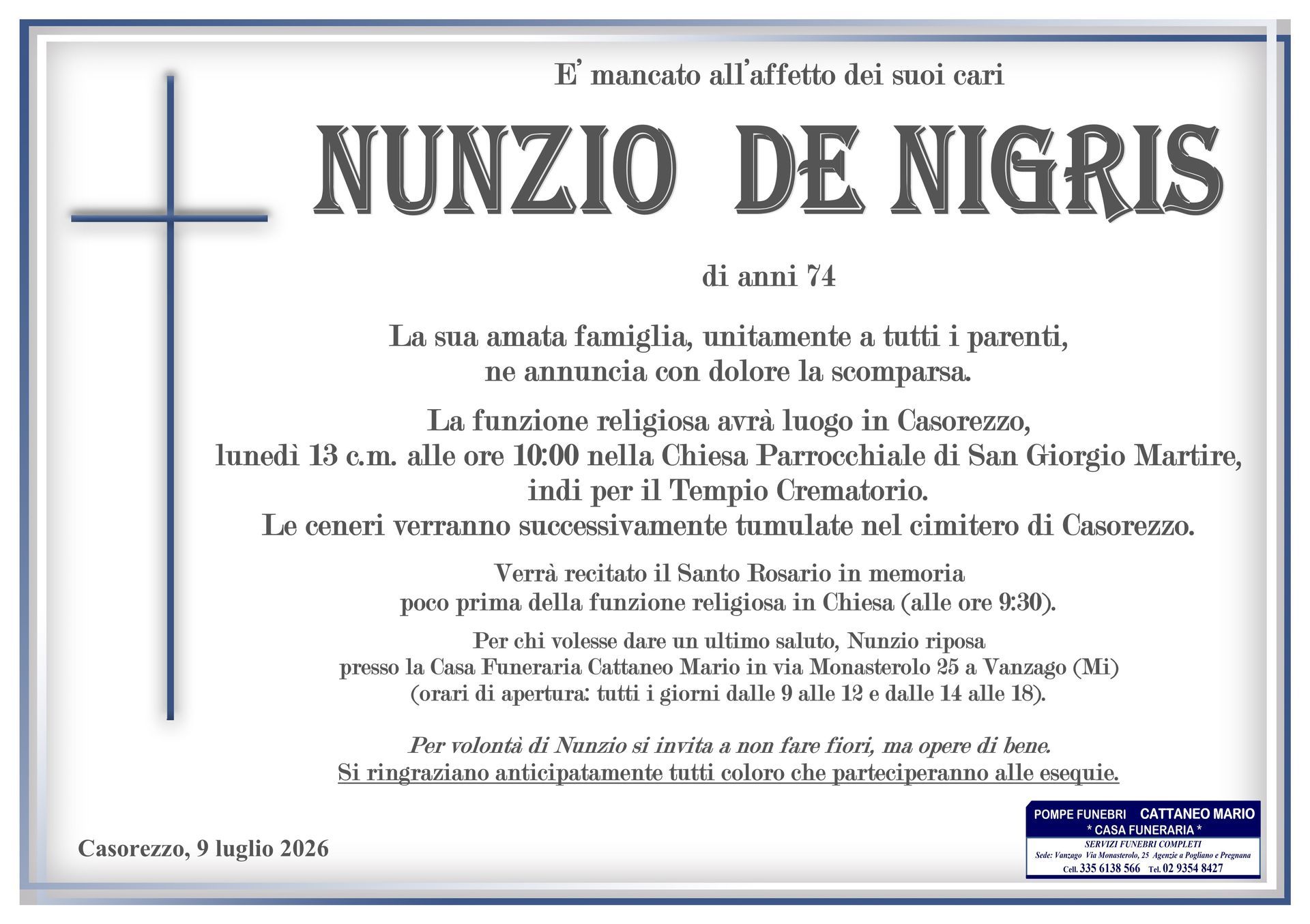 necrologio Nunzio De Nigris