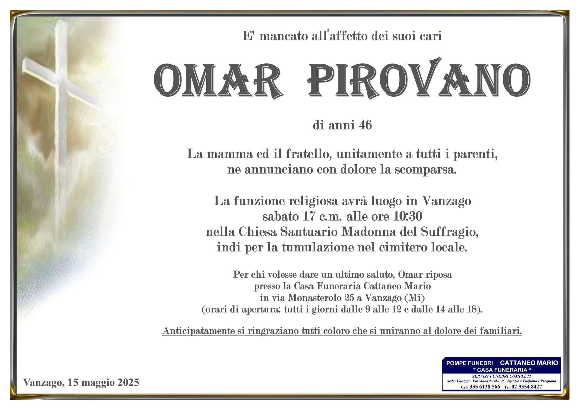 necrologio Omar Pirovano
