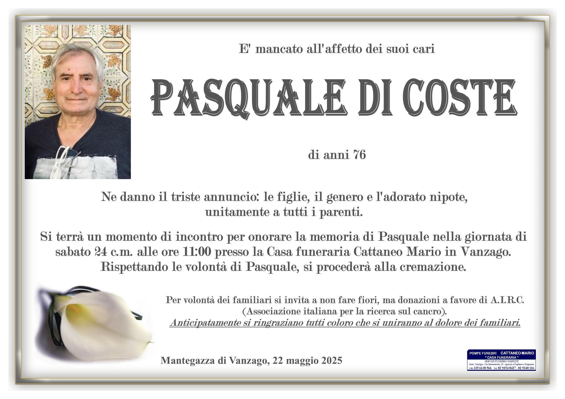 necrologio Pasquale Di Coste