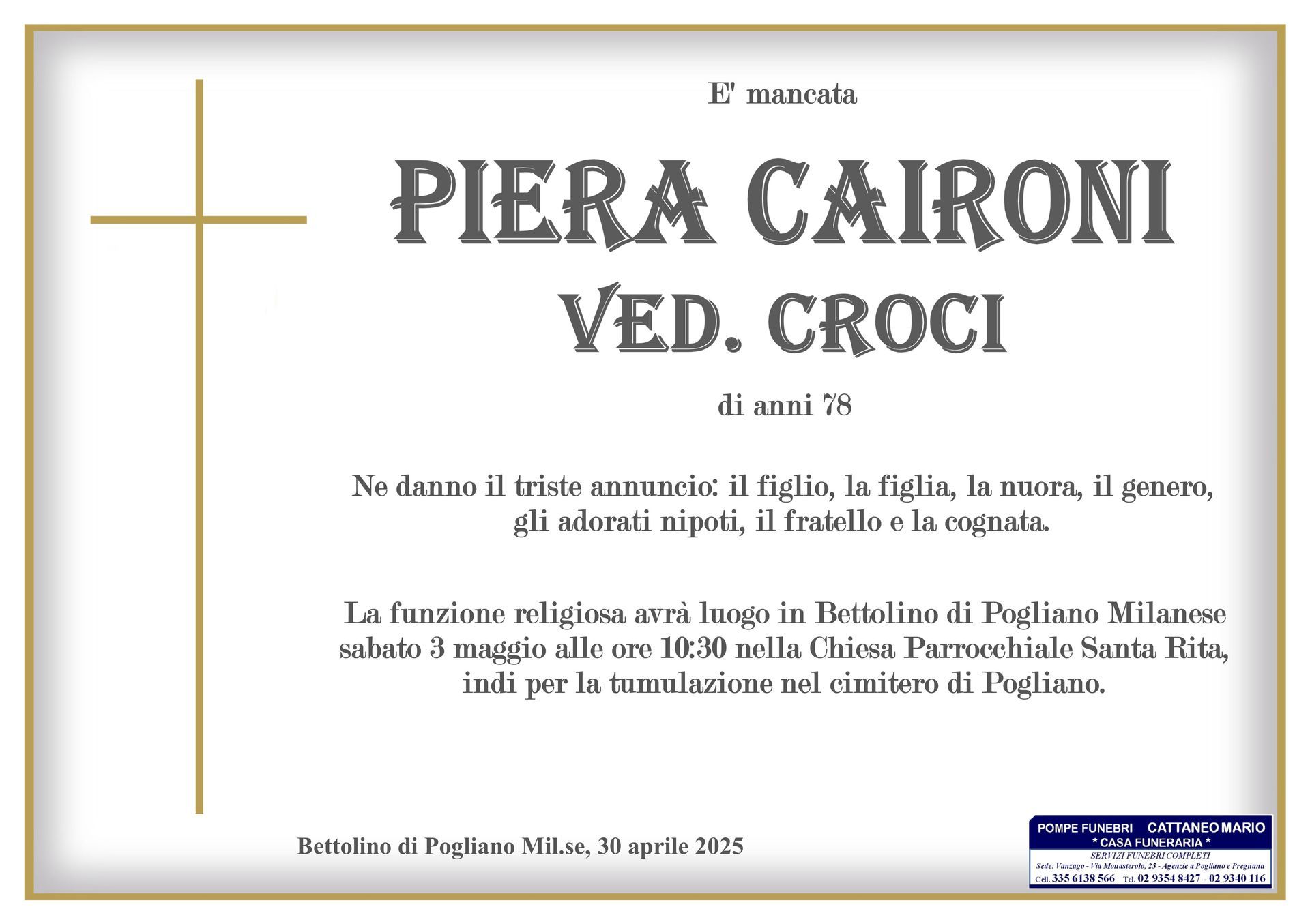 necrologio Piera Caironi