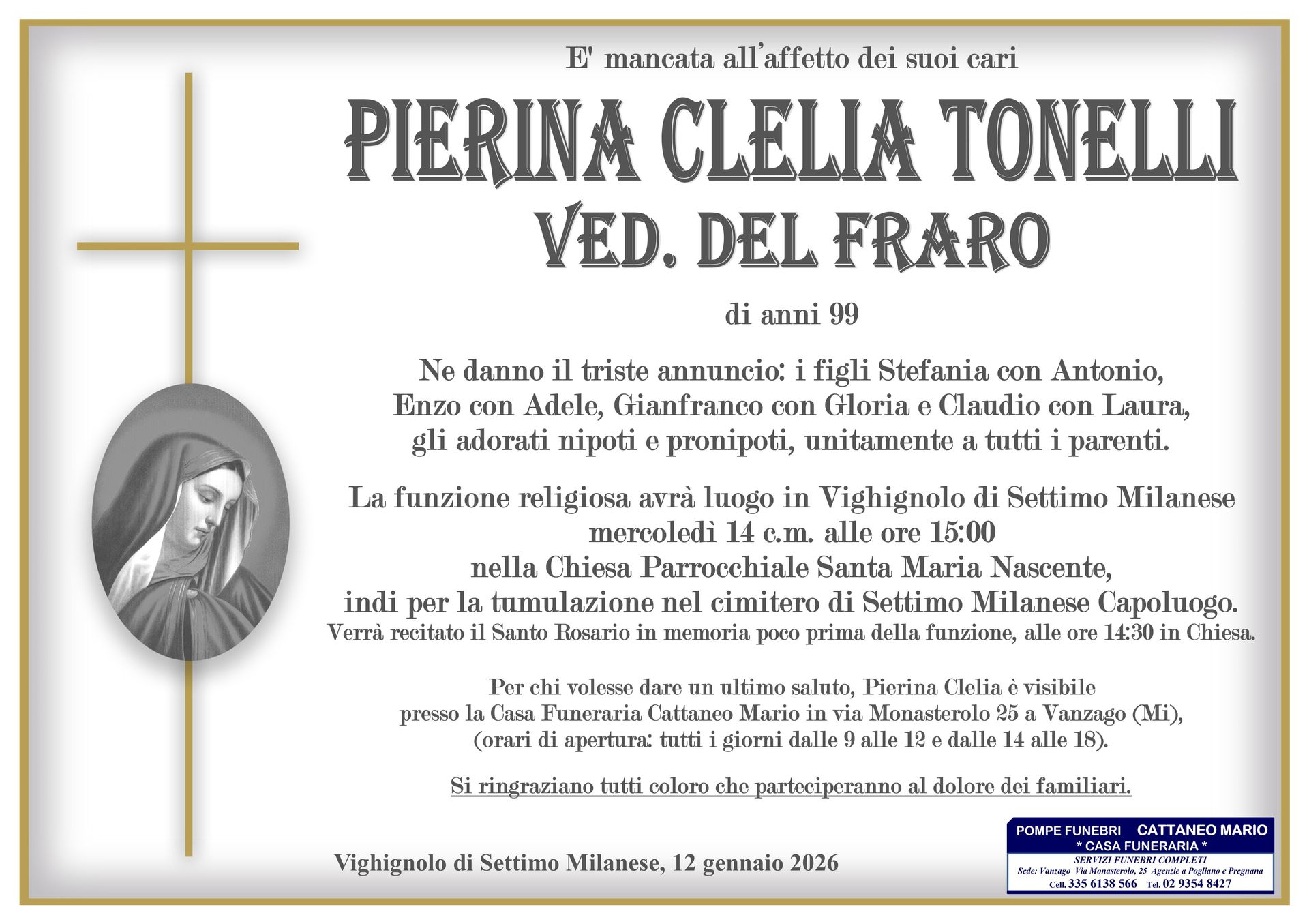necrologio Pierina Clelia Tonelli