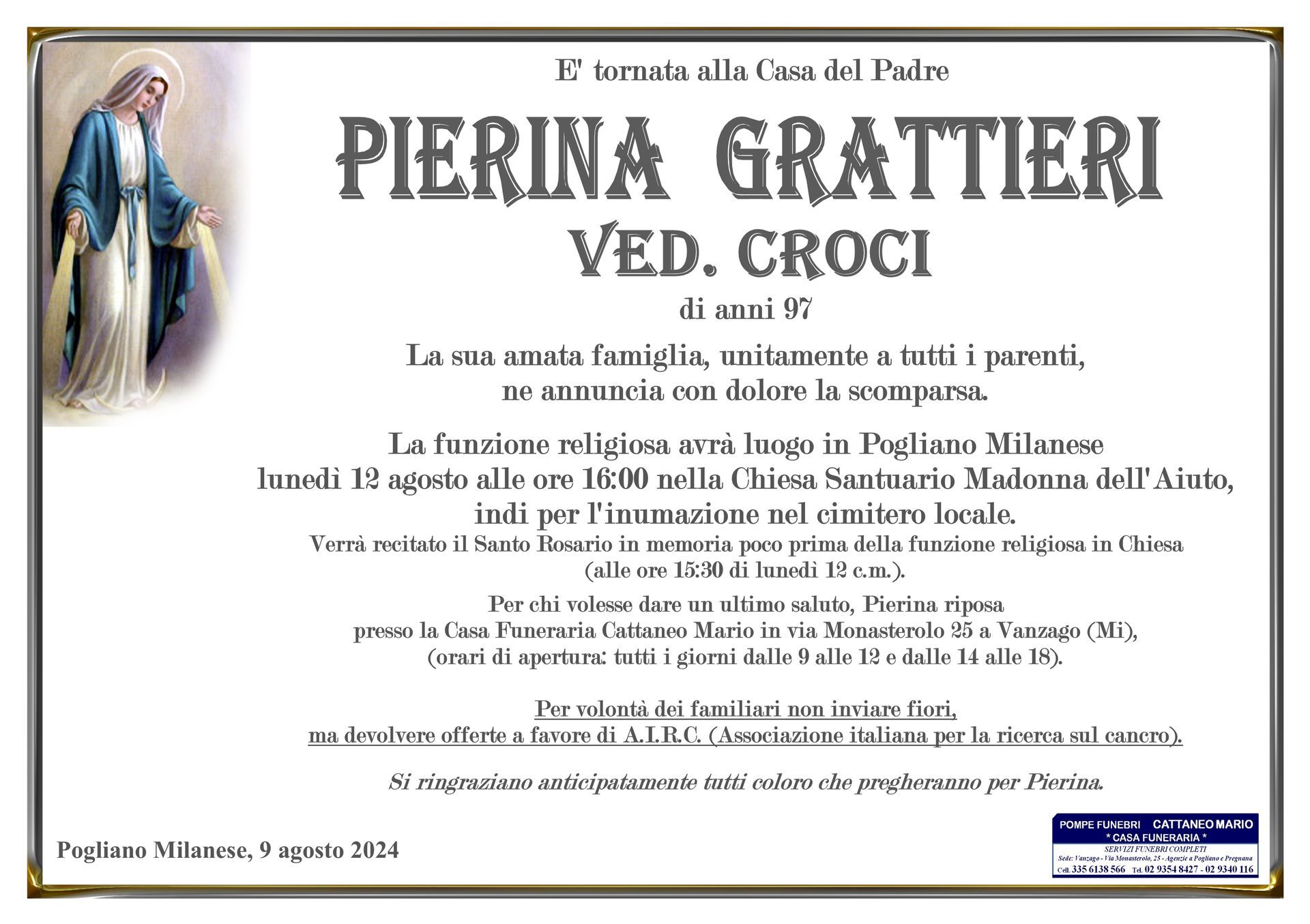 necrologio Pierina Grattieri