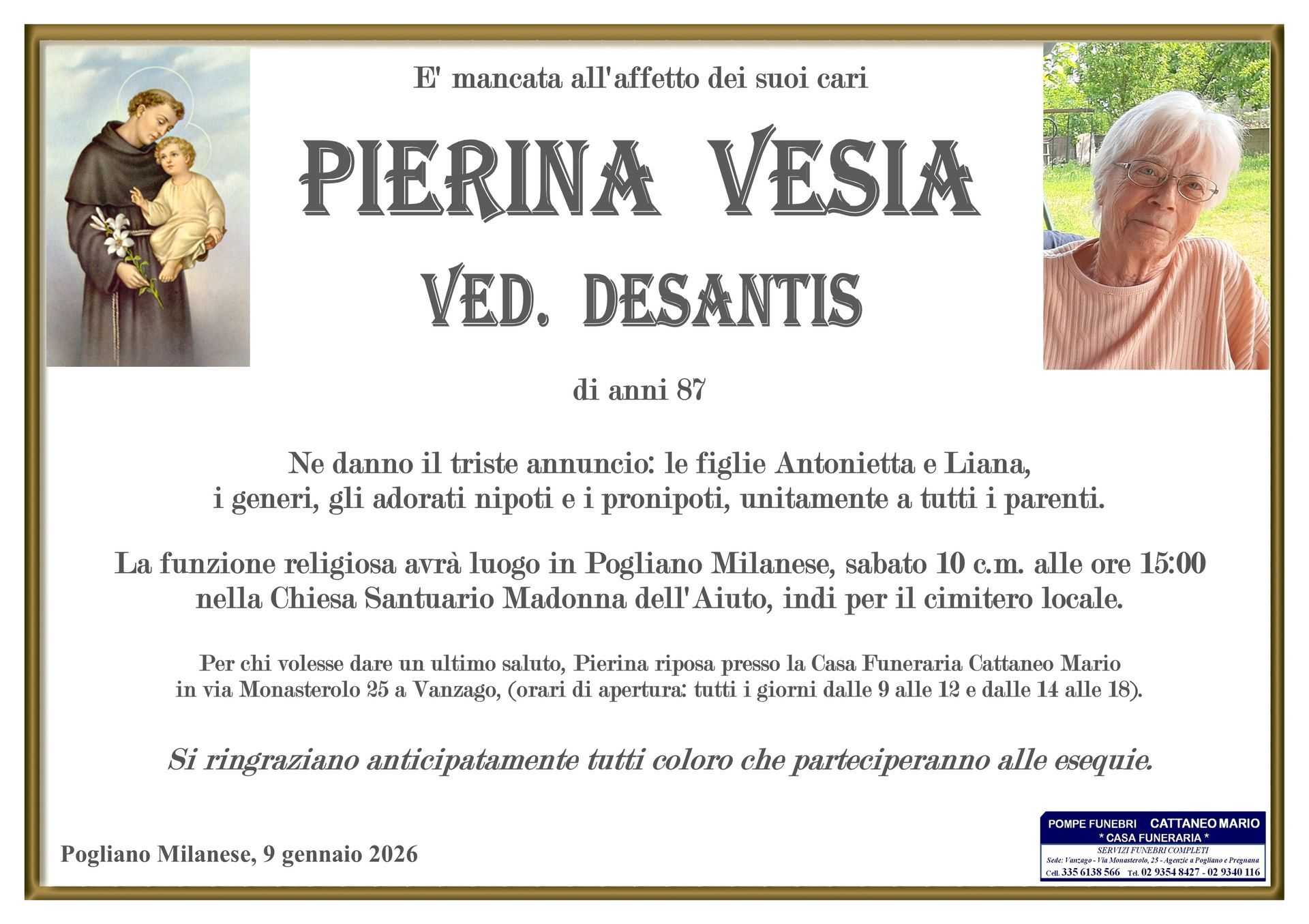 necrologio Pierina Vesia