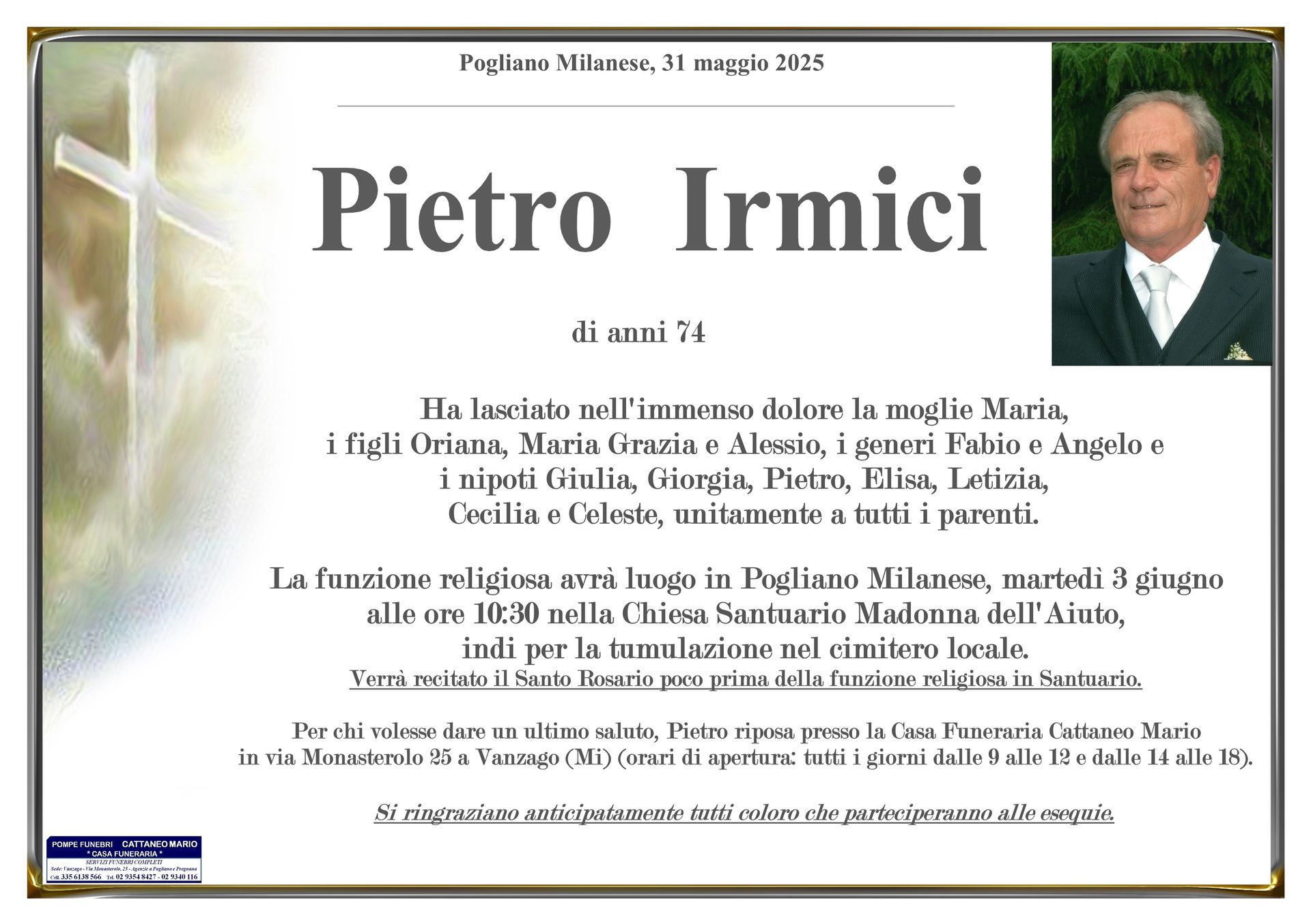 necrologio Pietro Irmici
