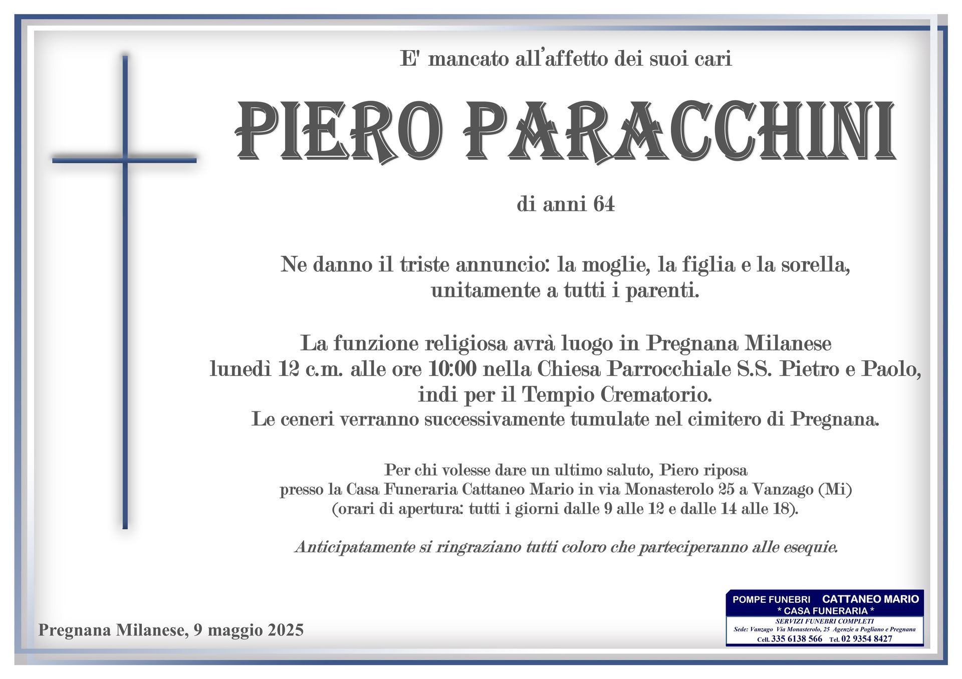 necrologio Piero Paracchini