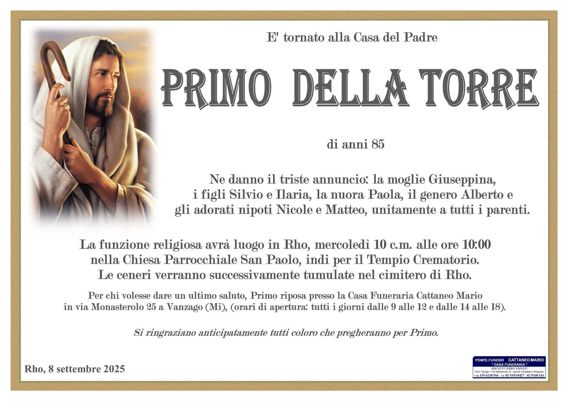 necrologio Primo Della Torre