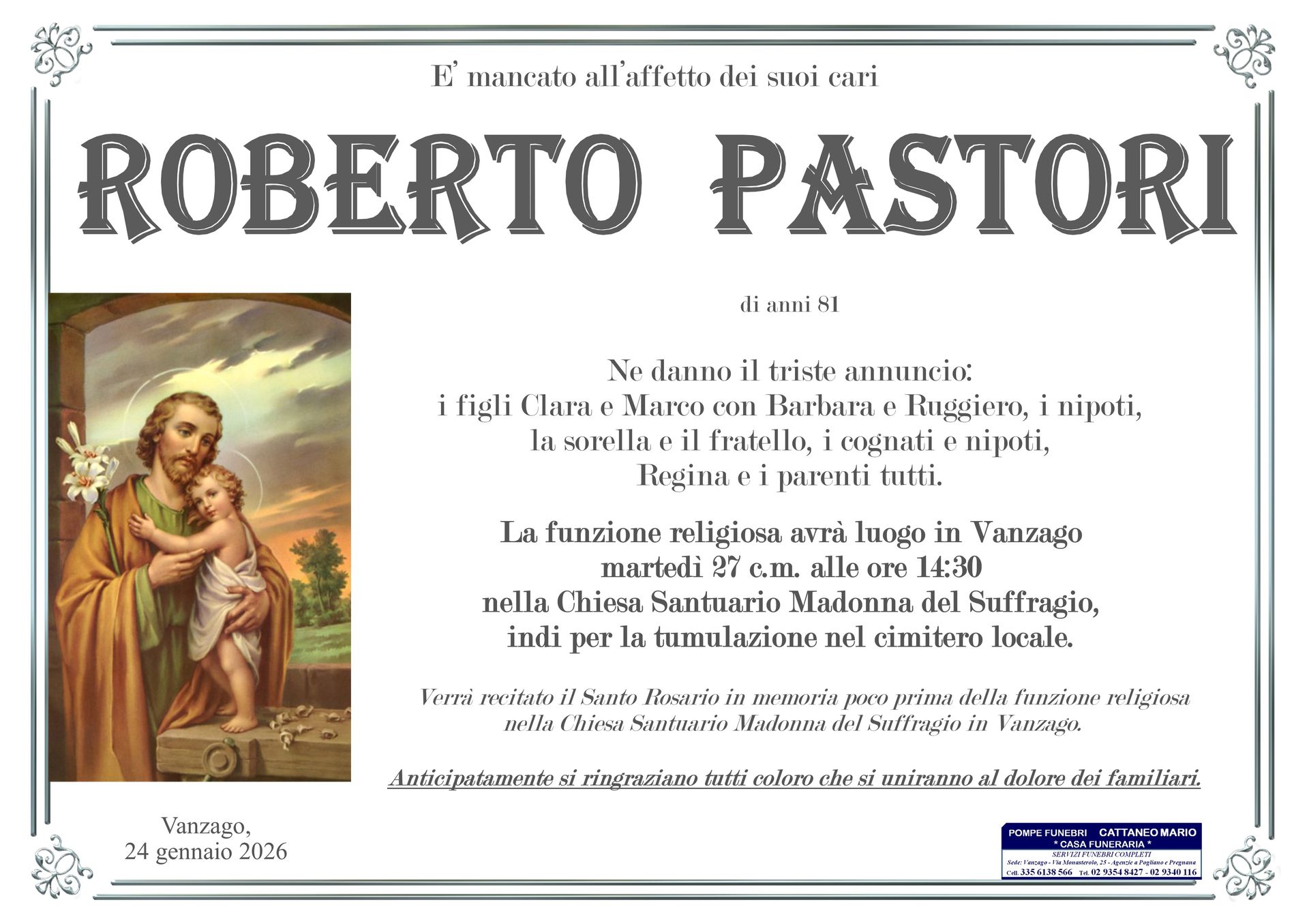 necrologio Roberto Pastori