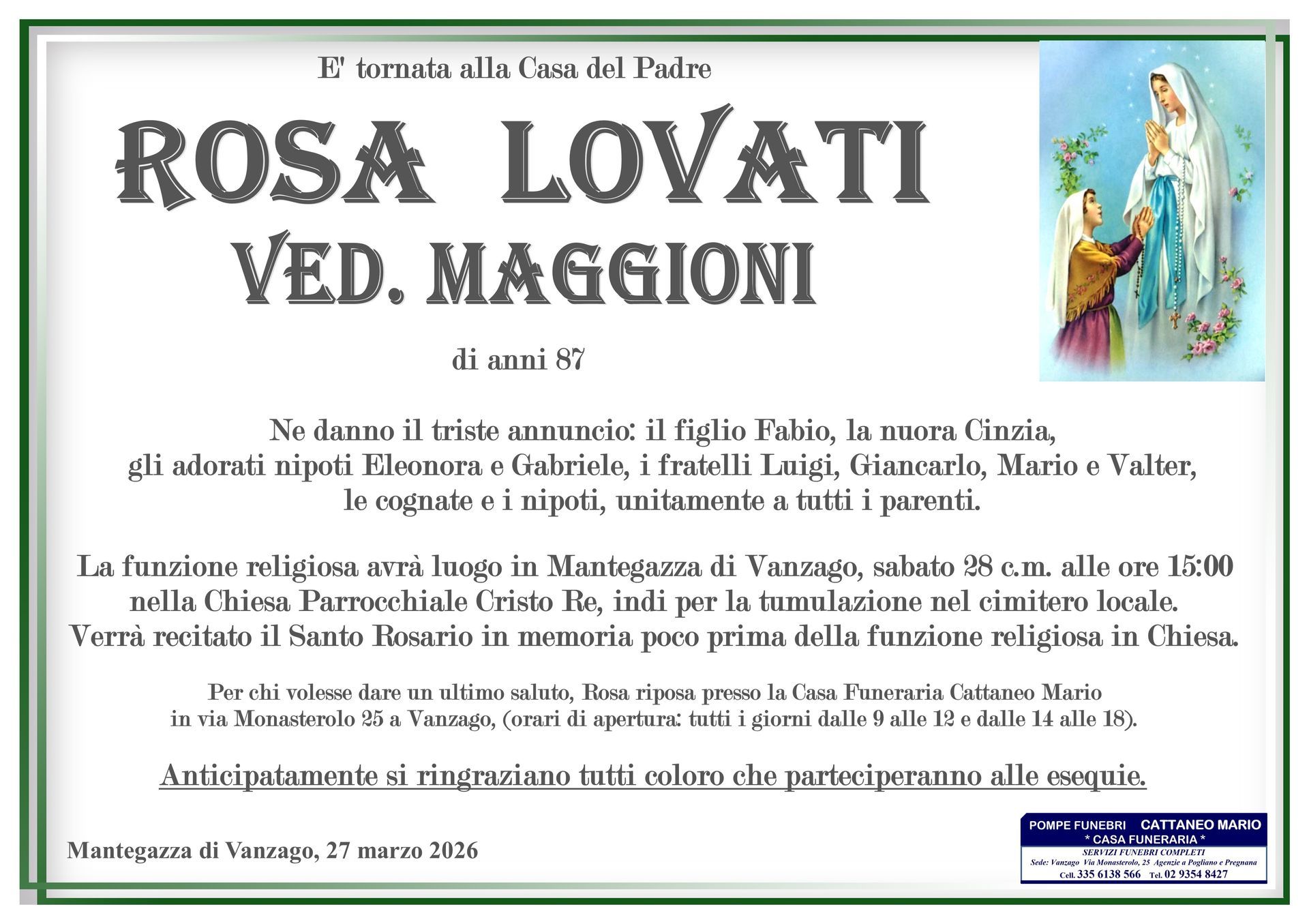 necrologio Rosa Lovati