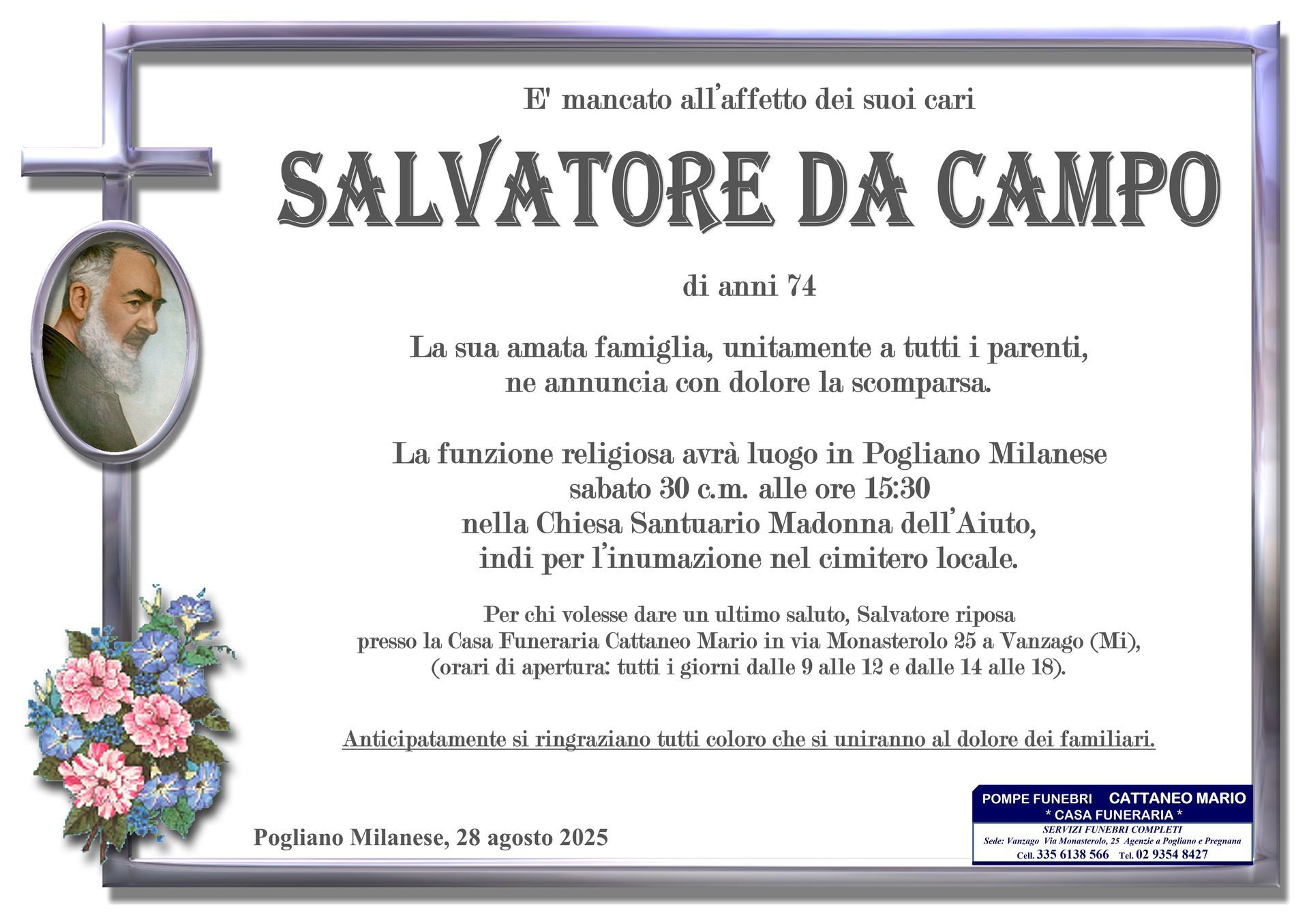necrologio Salvatore Da Campo