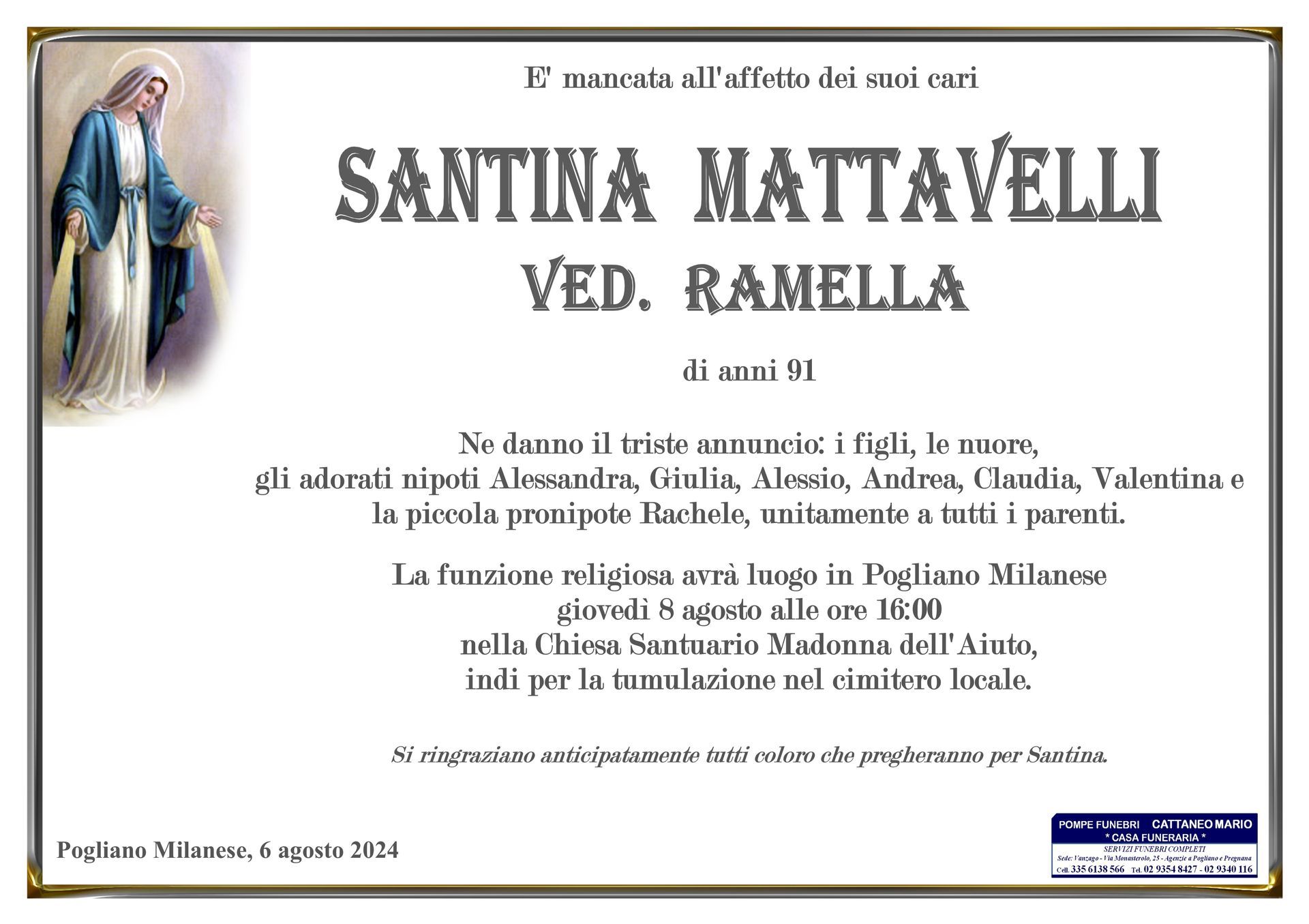 necrologio Santina Mattavelli