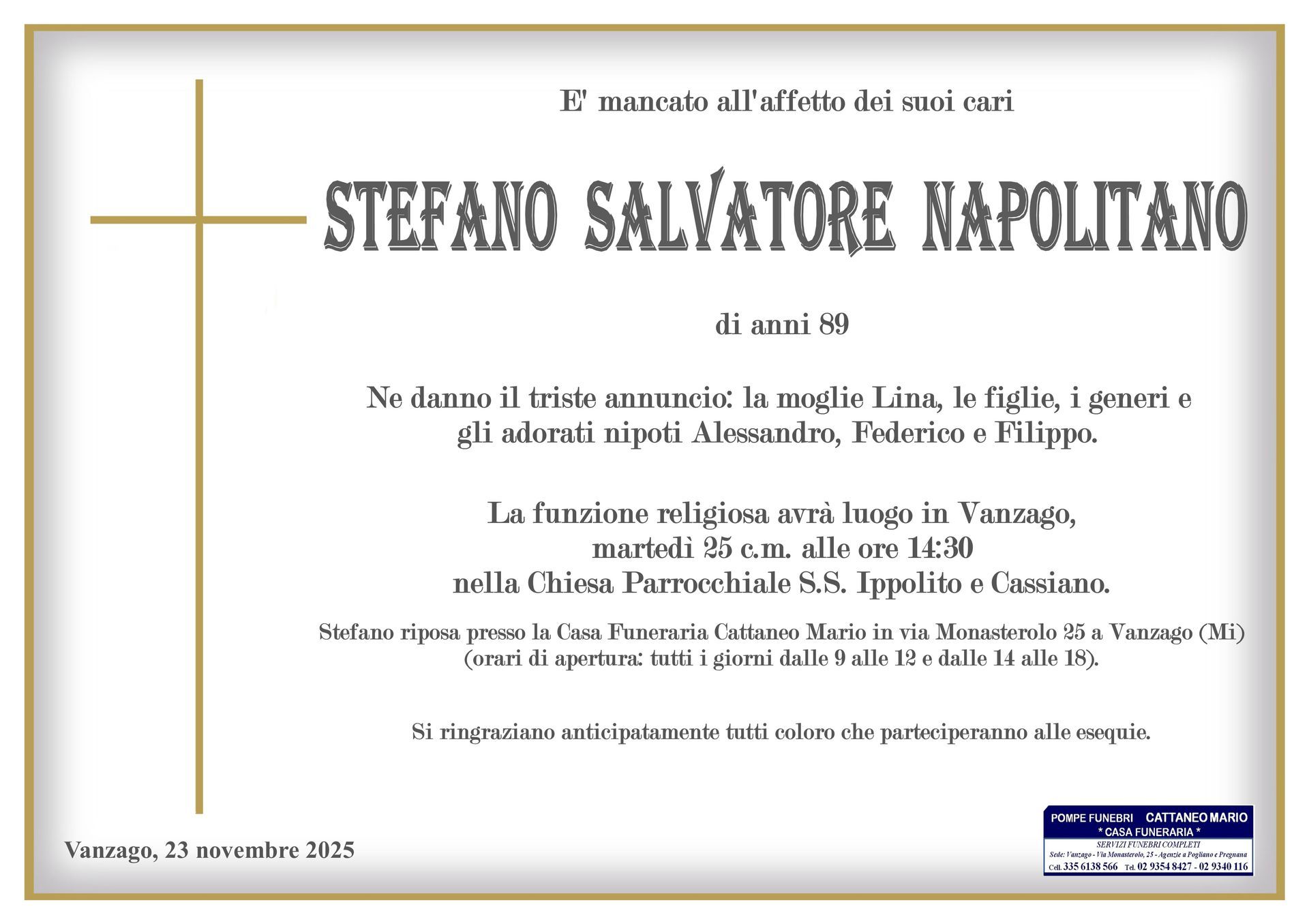 necrologio Stefano Salvatore Napolitano