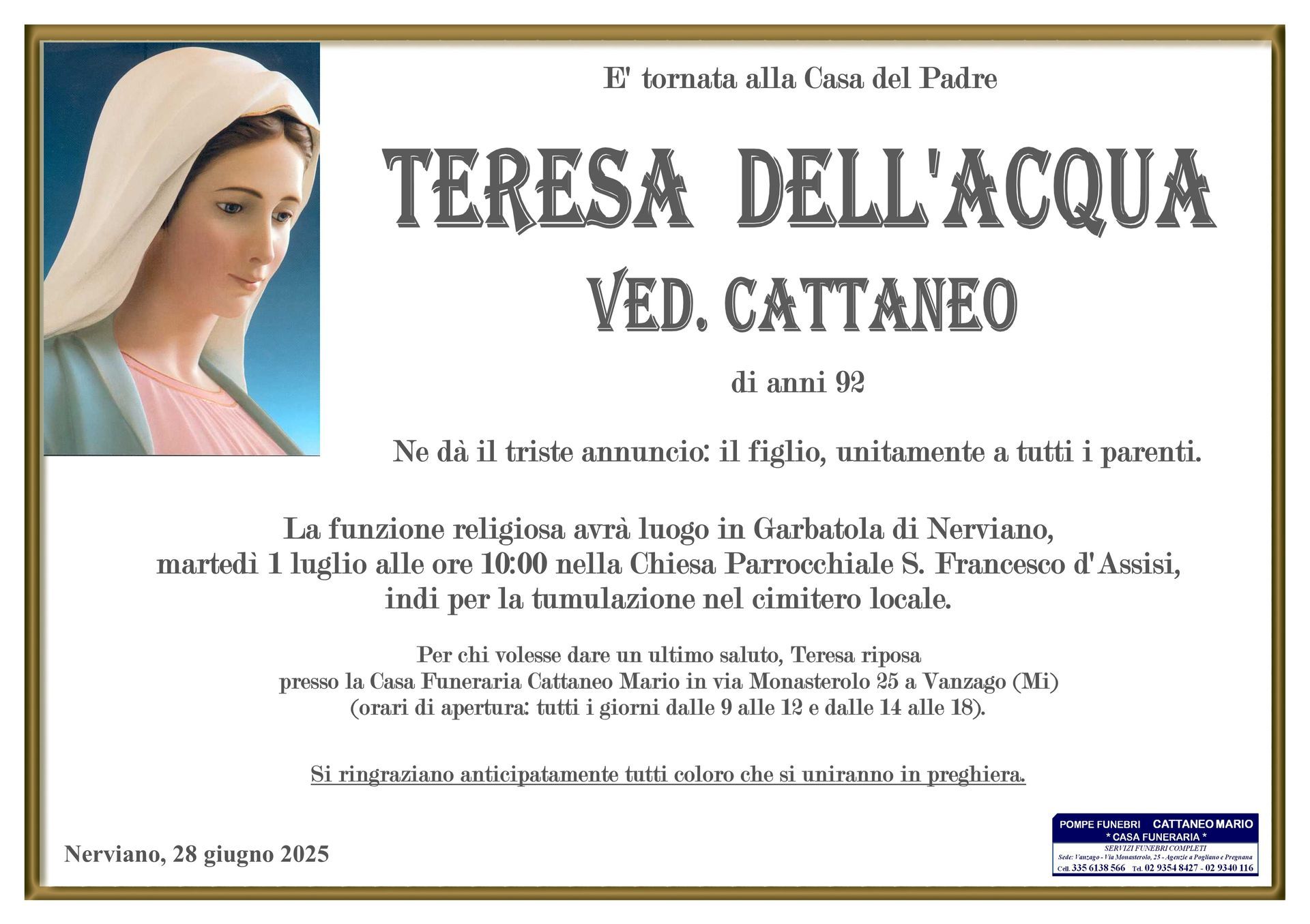 necrologio Teresa Dell'Acqua