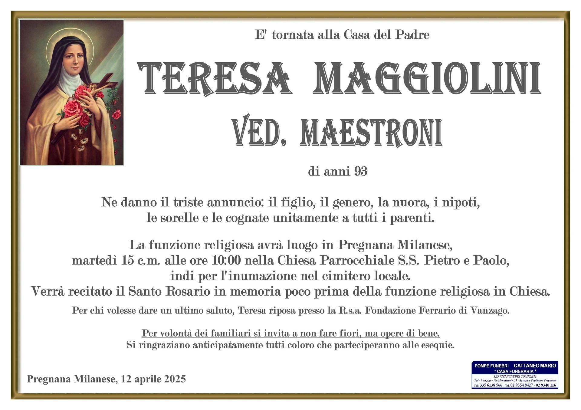 necrologio Teresa Maggiolini