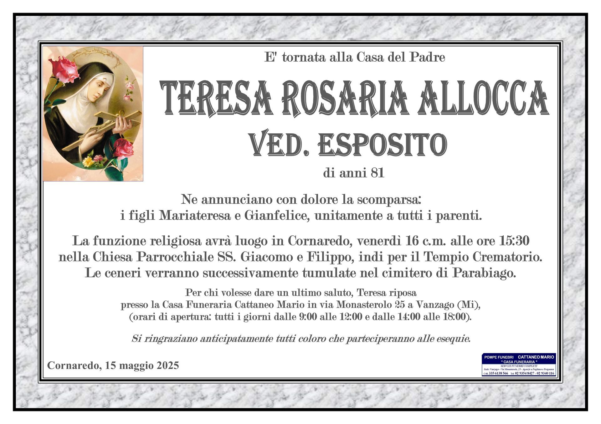 necrologio Teresa Rosaria Allocca