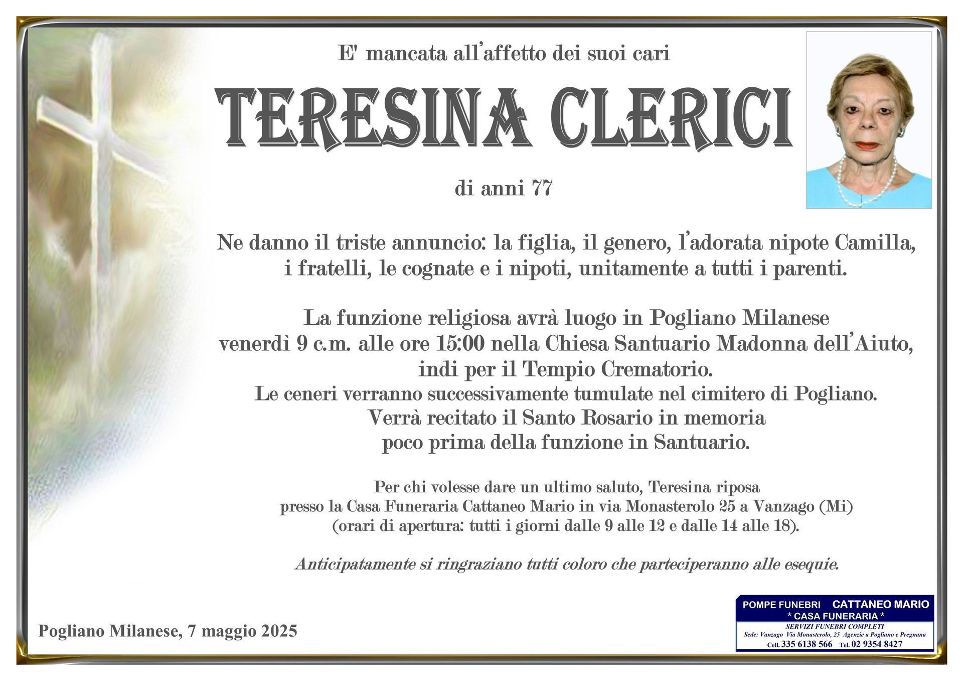necrologio Teresina Clerici