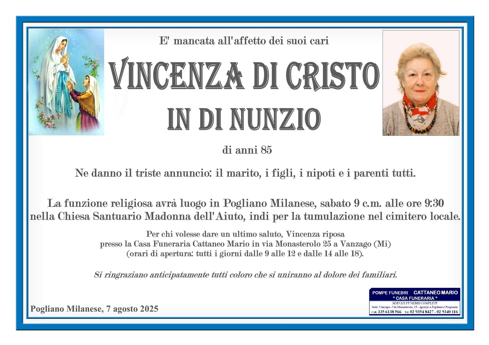 necrologio Vincenza Di Cristo