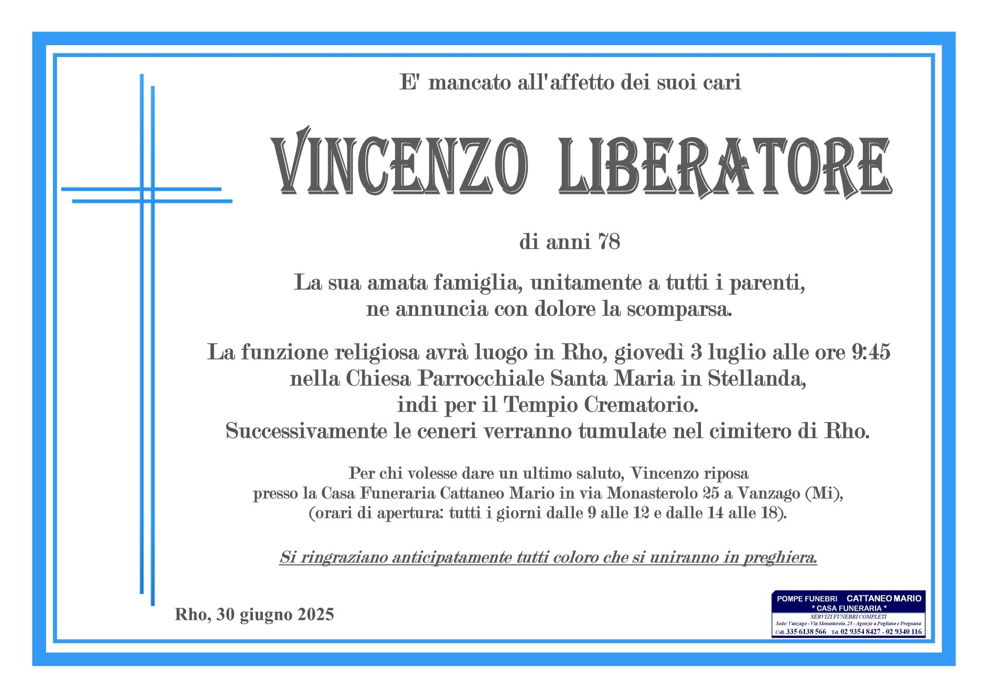 necrologio Vincenzo Liberatore