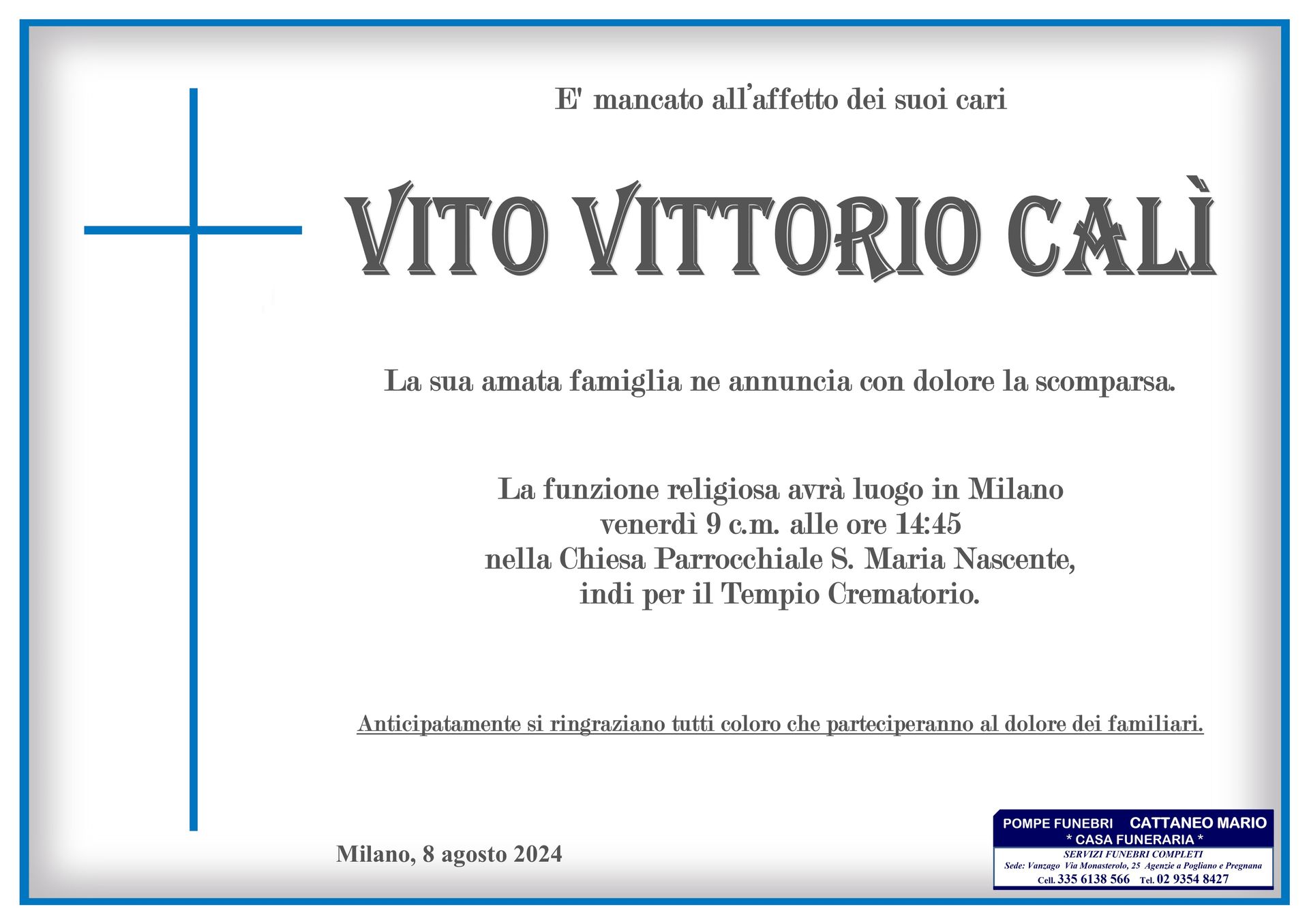 necrologio Vito Vittorio Calì